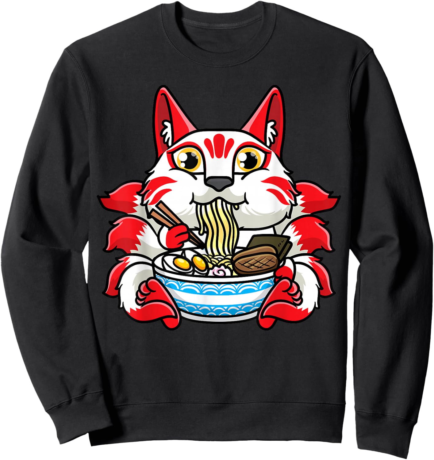 Kitsune Eating Ramen Noodles Otaku Japanese Nine Tailed Fox Sweatshirt - Sweatshirt | Black