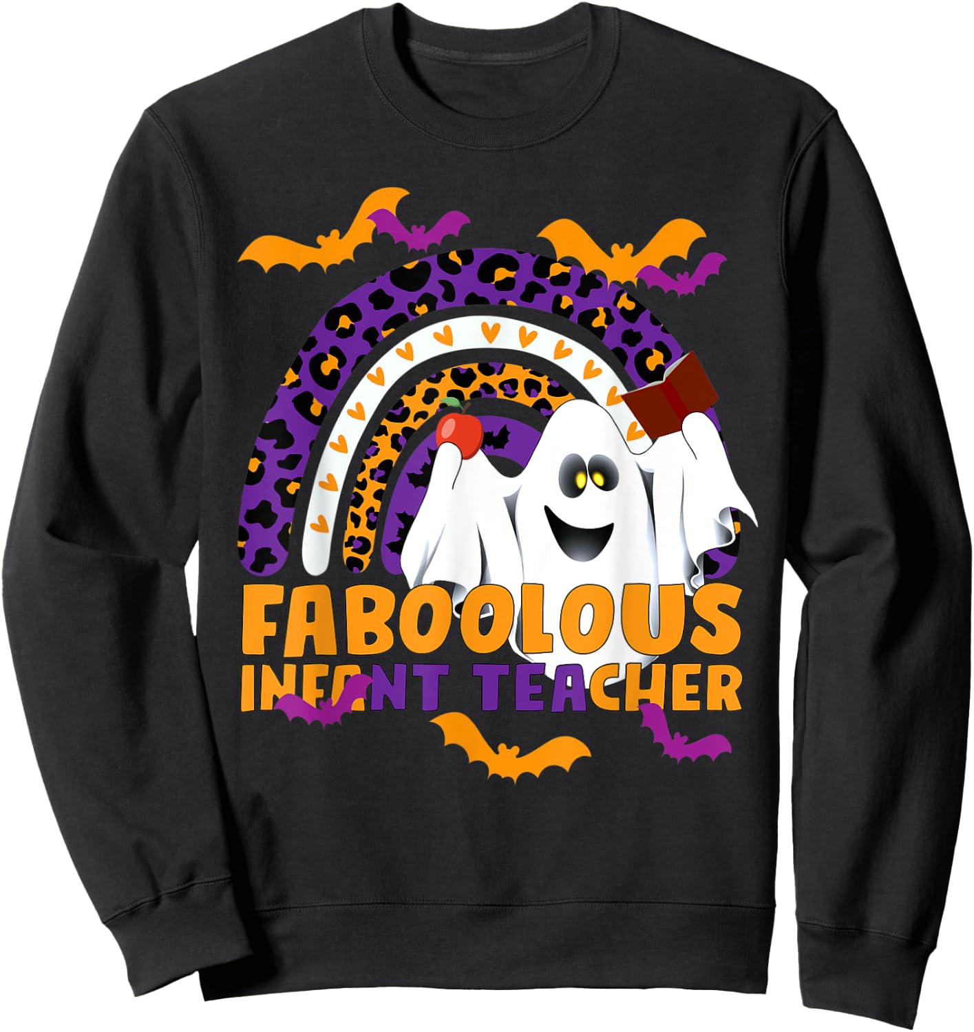 Faboolous Infant Teacher Rainbow Leopard Halloween Boo Crew Sweatshirt - Sweatshirt | Black