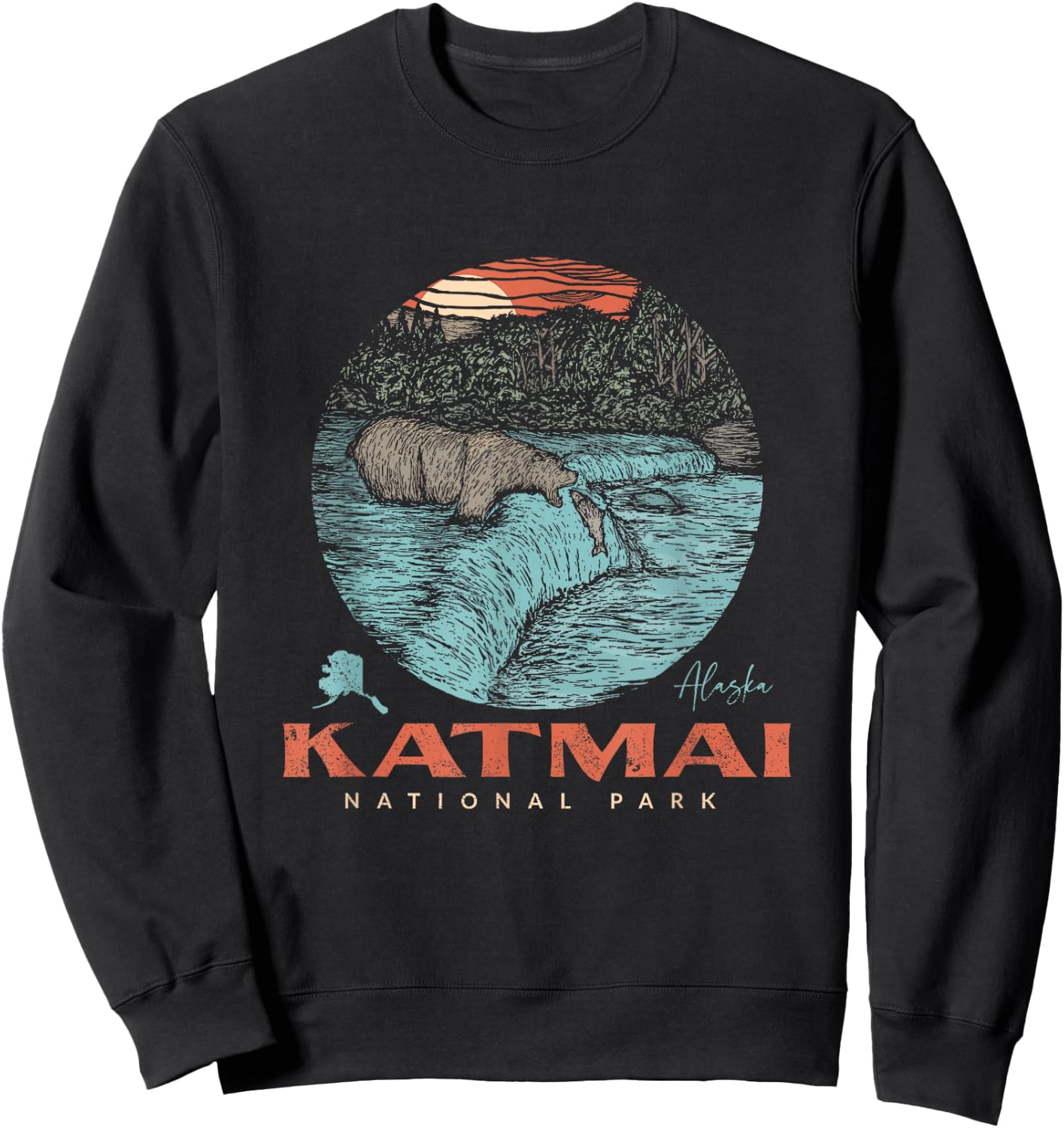 Katmai National Park Vintage Bear Fishing Outfit Adventure Sweatshirt - Sweatshirt | Black
