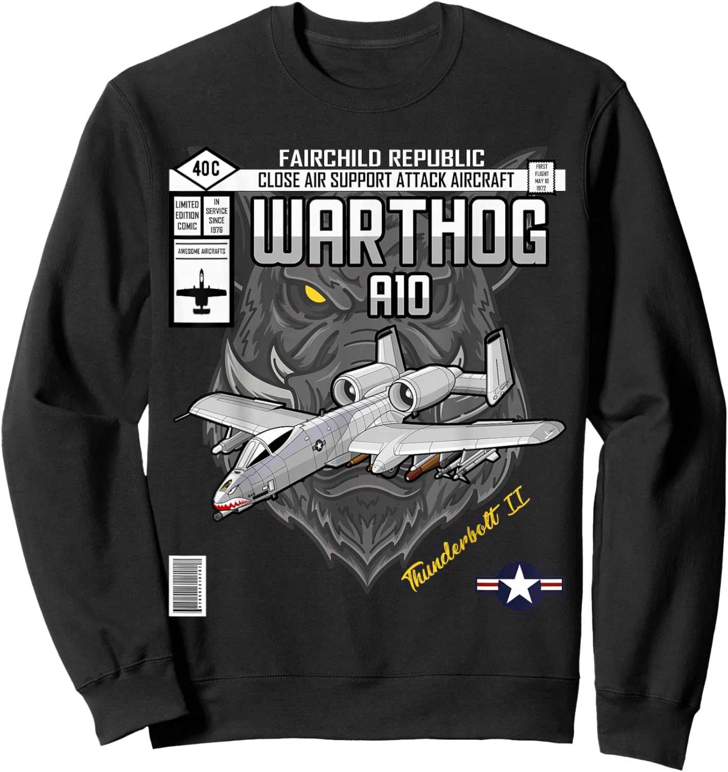 A-10 Warthog Close Air Support Aircraft Comic Book Edition Sweatshirt - Sweatshirt | Black
