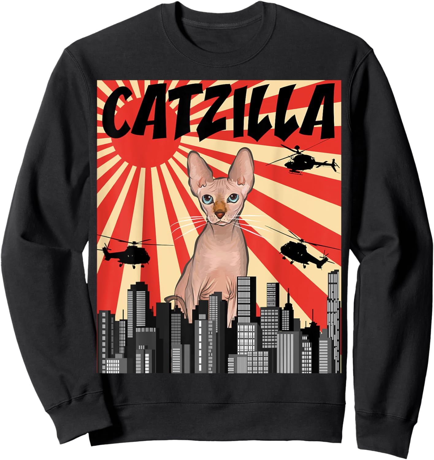 Funny Retro Japanese Catzilla Sphynx Cat Sweatshirt - Sweatshirt | Black