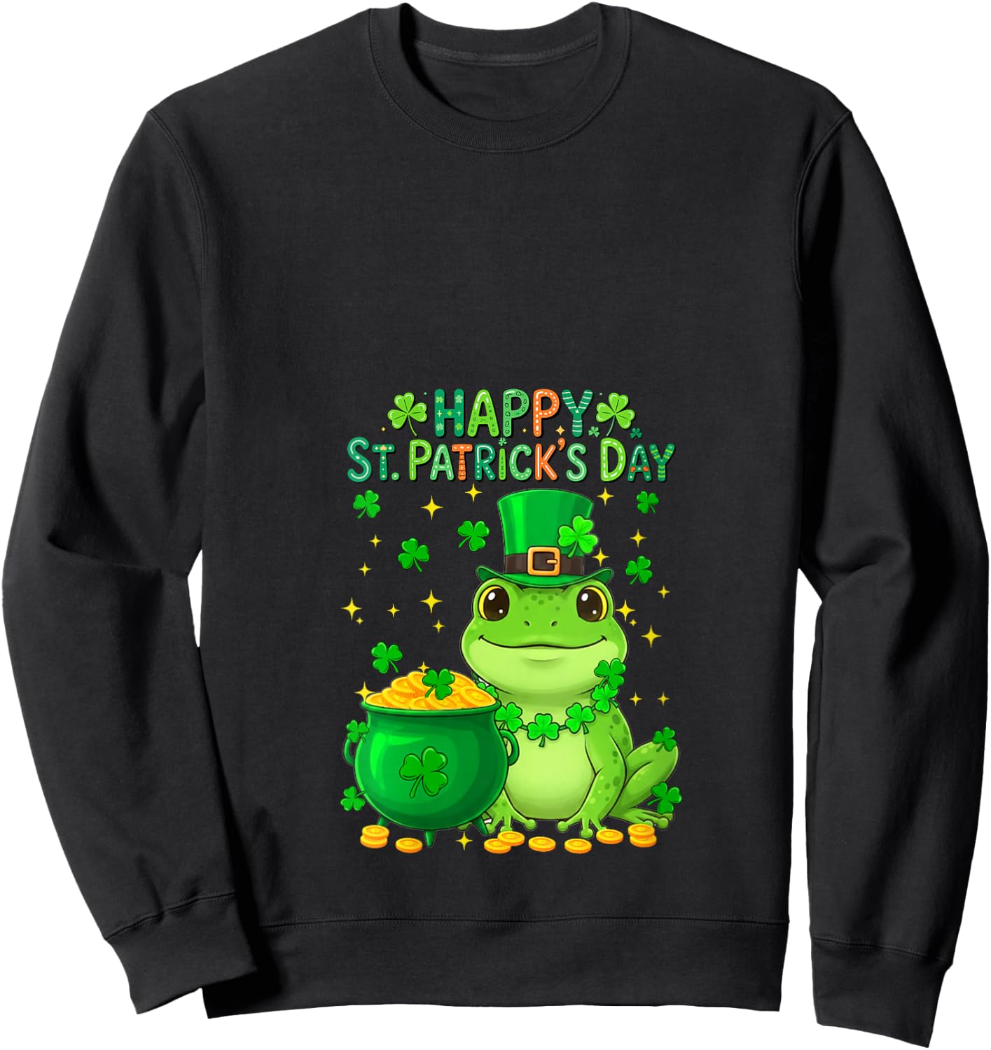 Women's Happy St. Patrick's Day Frog Shamrocks Coins Lover Kids V-Neck Sweatshirt - Sweatshirt | Black