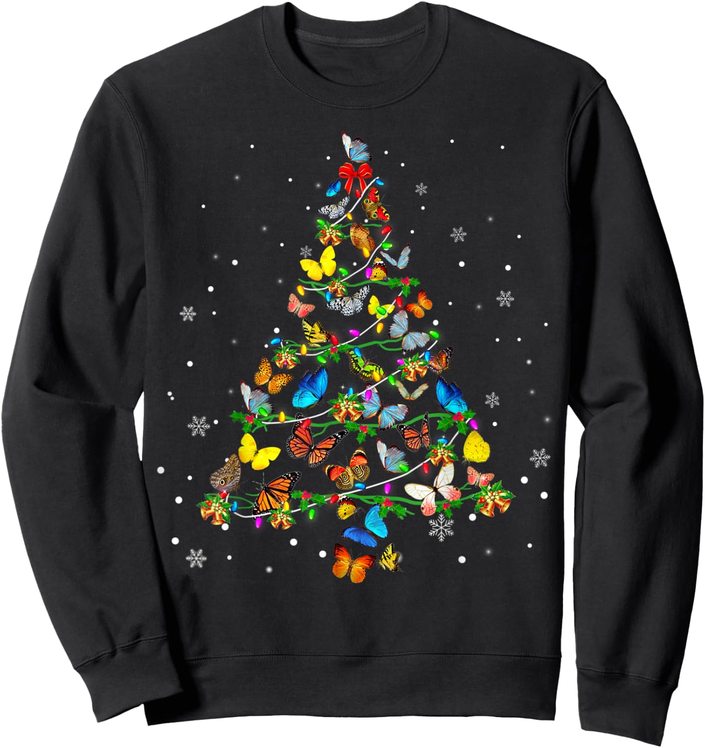 Butterfly Christmas Tree Ornament Decor Xmas Sweatshirt - Sweatshirt | Black