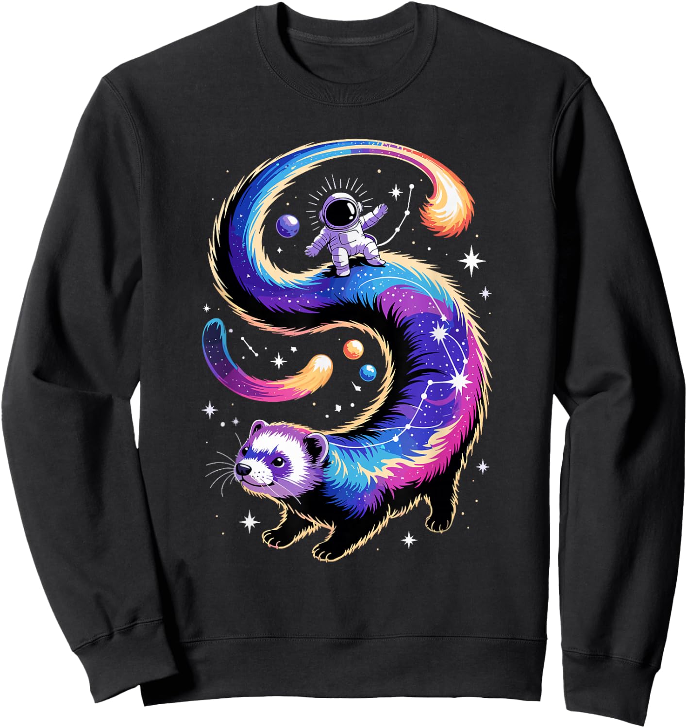 Astronaut Rides Ferret Space Stars Comets Galaxy Planets Sweatshirt - Sweatshirt | Black