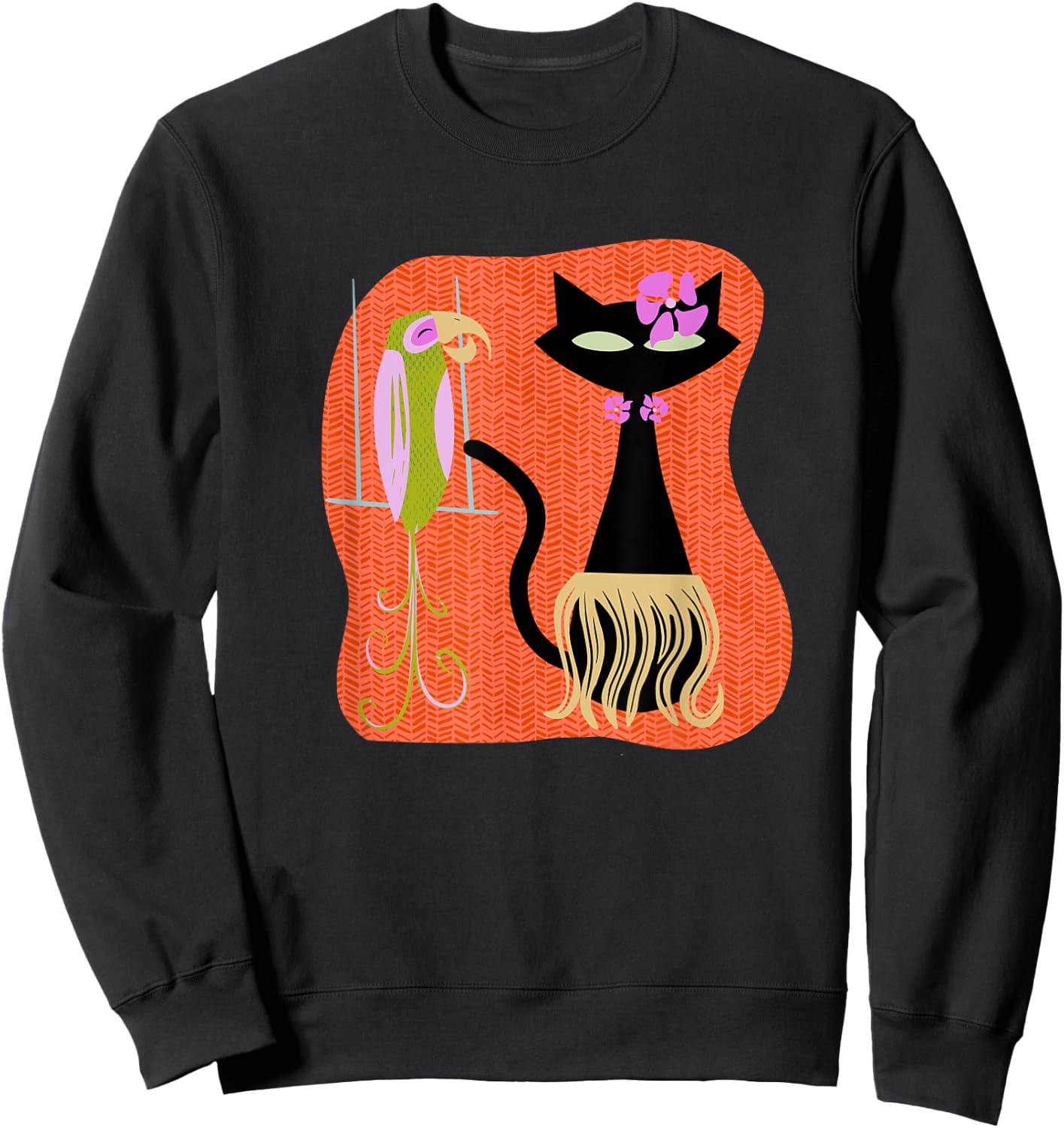 Hawaiian Hula Cat with Tropical Tiki Bird and Hibiscus Flowe Sweatshirt - Sweatshirt | Black