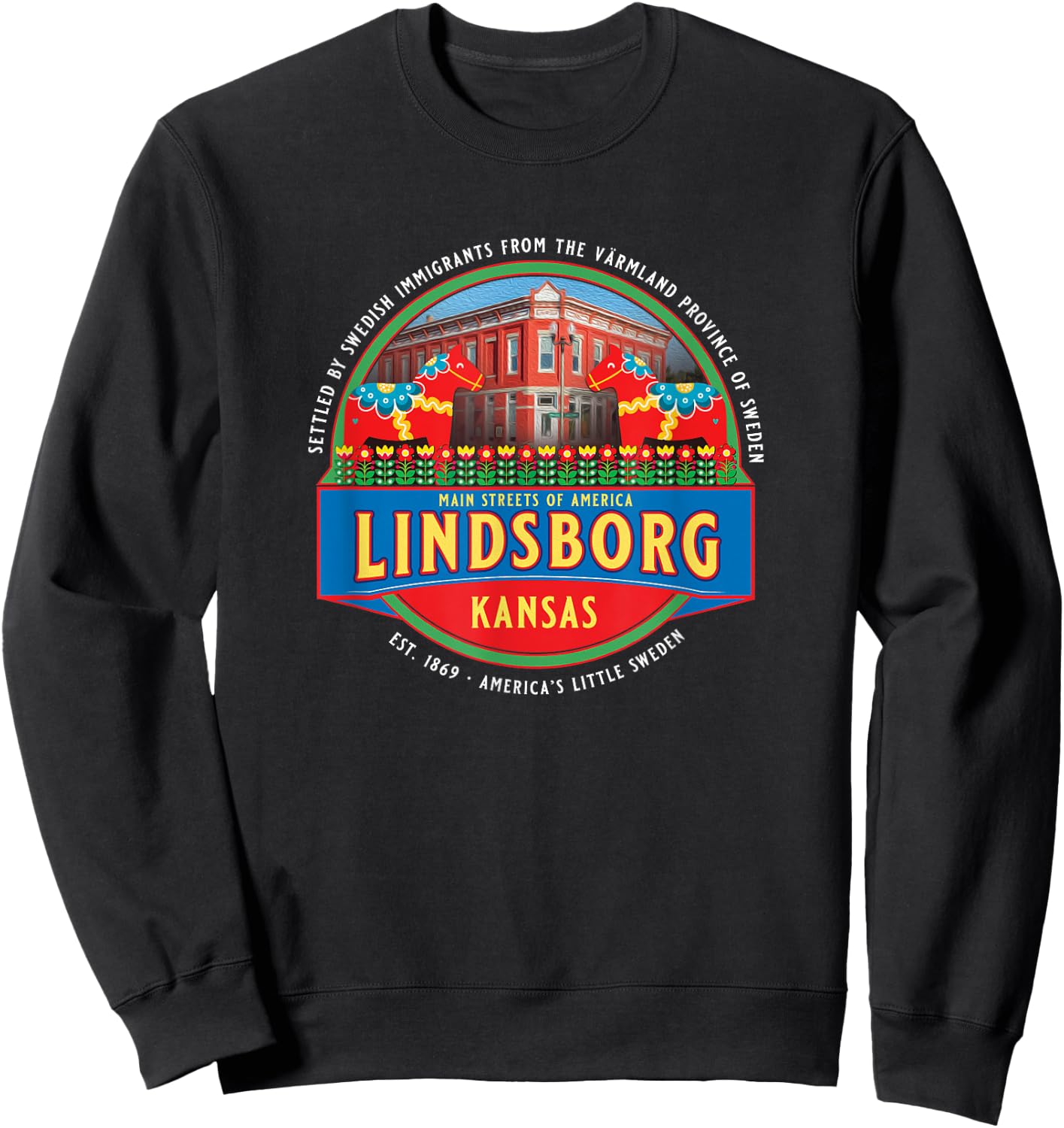 Lindsborg Kansas Little Sweden Swedish Dala Horse Souvenir Sweatshirt - Sweatshirt | Black