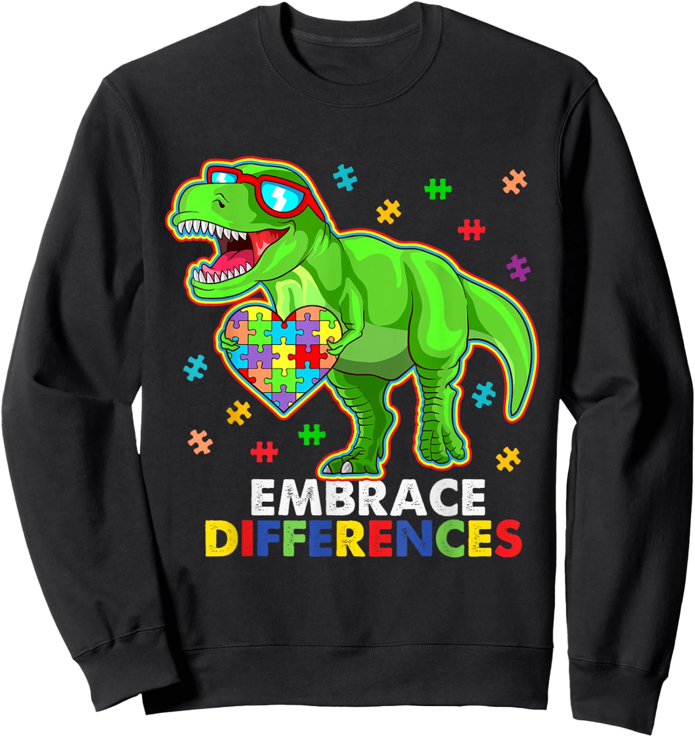 Embrace Differences- Autism Awareness Dinosaur Puzzle Piece Sweatshirt - Sweatshirt | Black