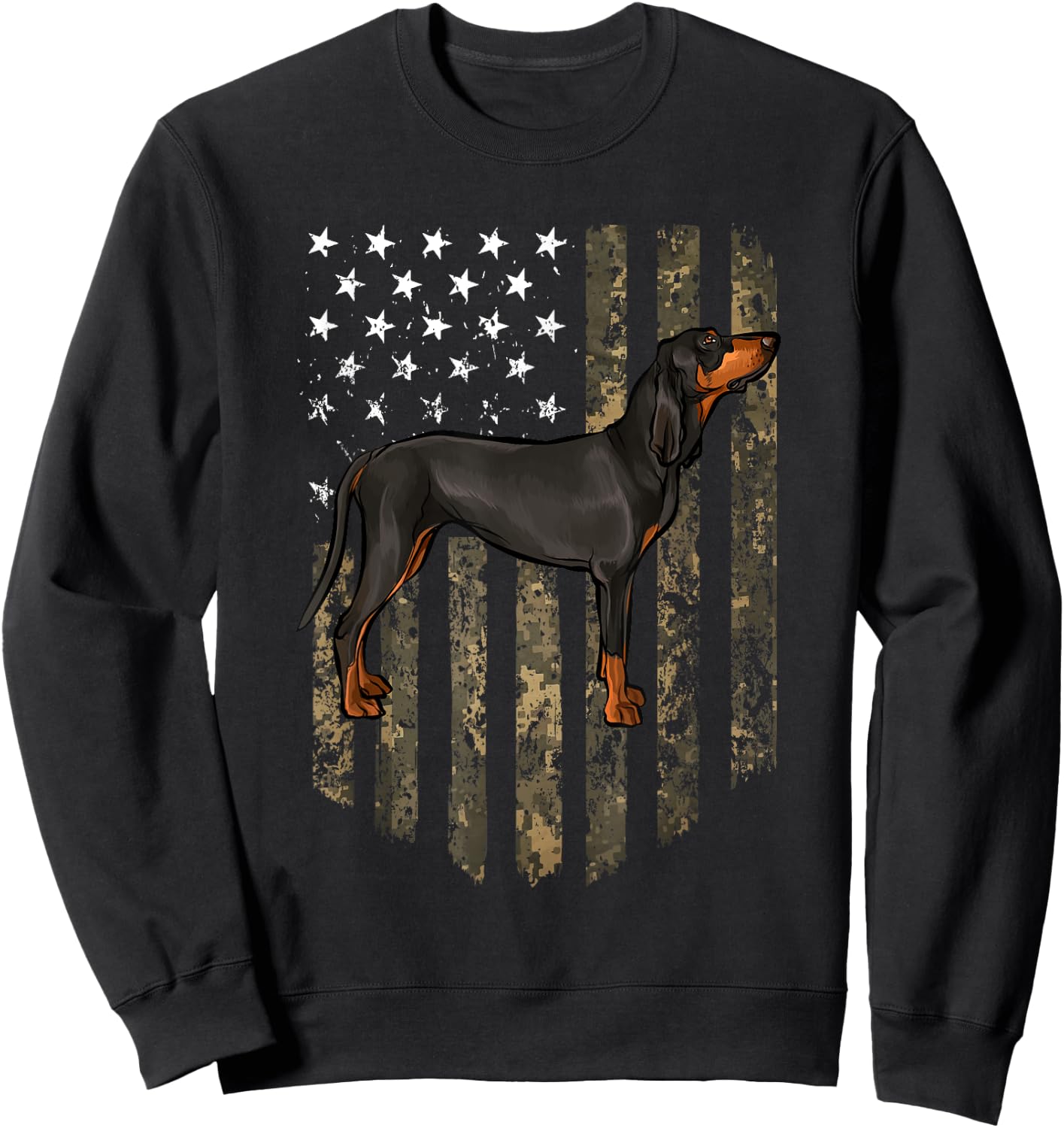 Camo American Flag Black and Tan Coonhound 4th Of July USA Sweatshirt - Sweatshirt | Black