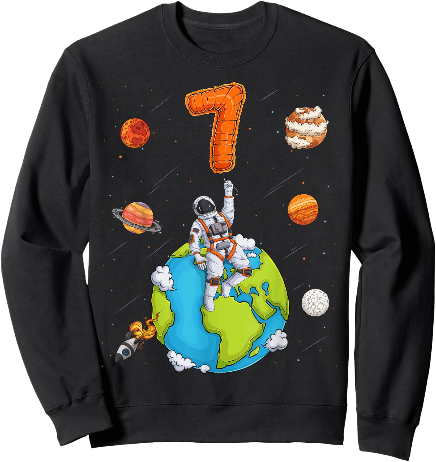 Astronaut Planets Space 7 Seven Years Old 7th Birthday Boys Sweatshirt - Sweatshirt | Black