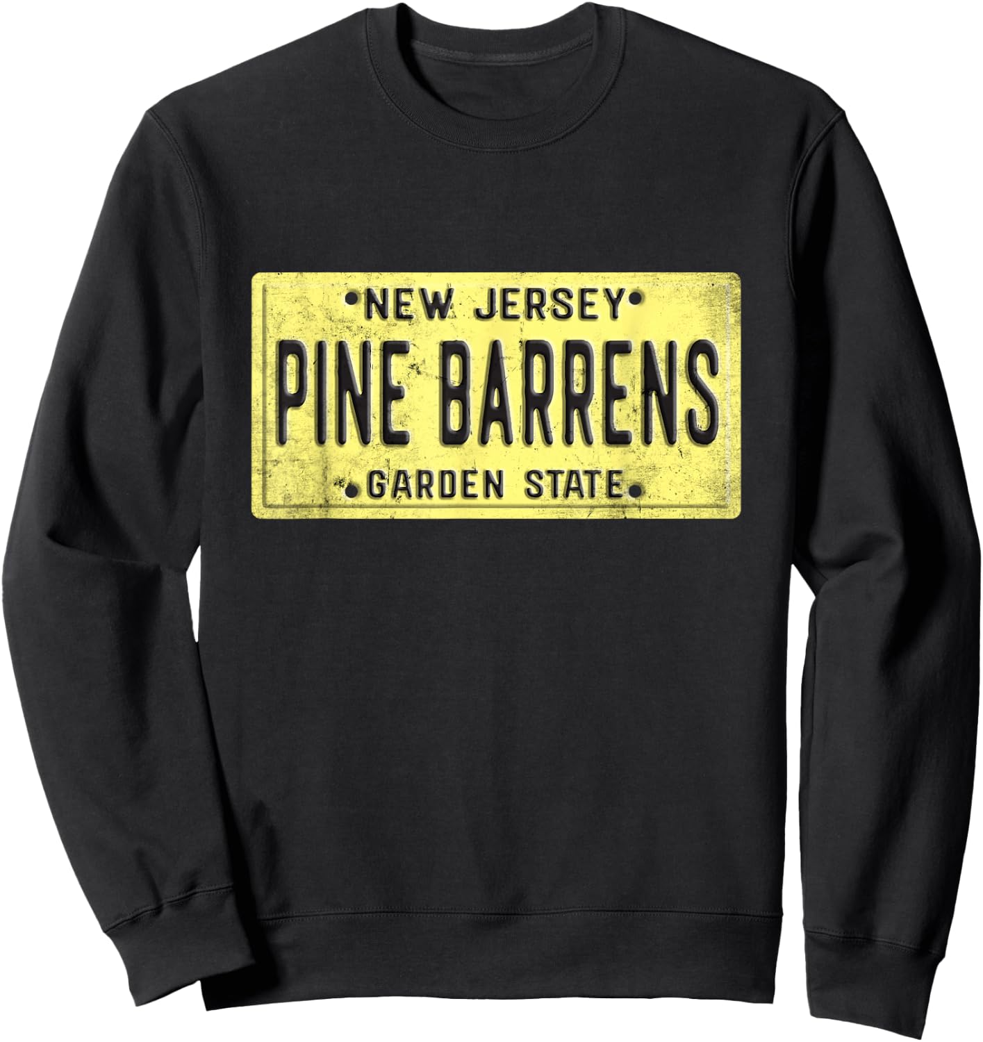 Pine Barrens New Jersey Retro Distressed NJ License Plate Sweatshirt - Sweatshirt | Black