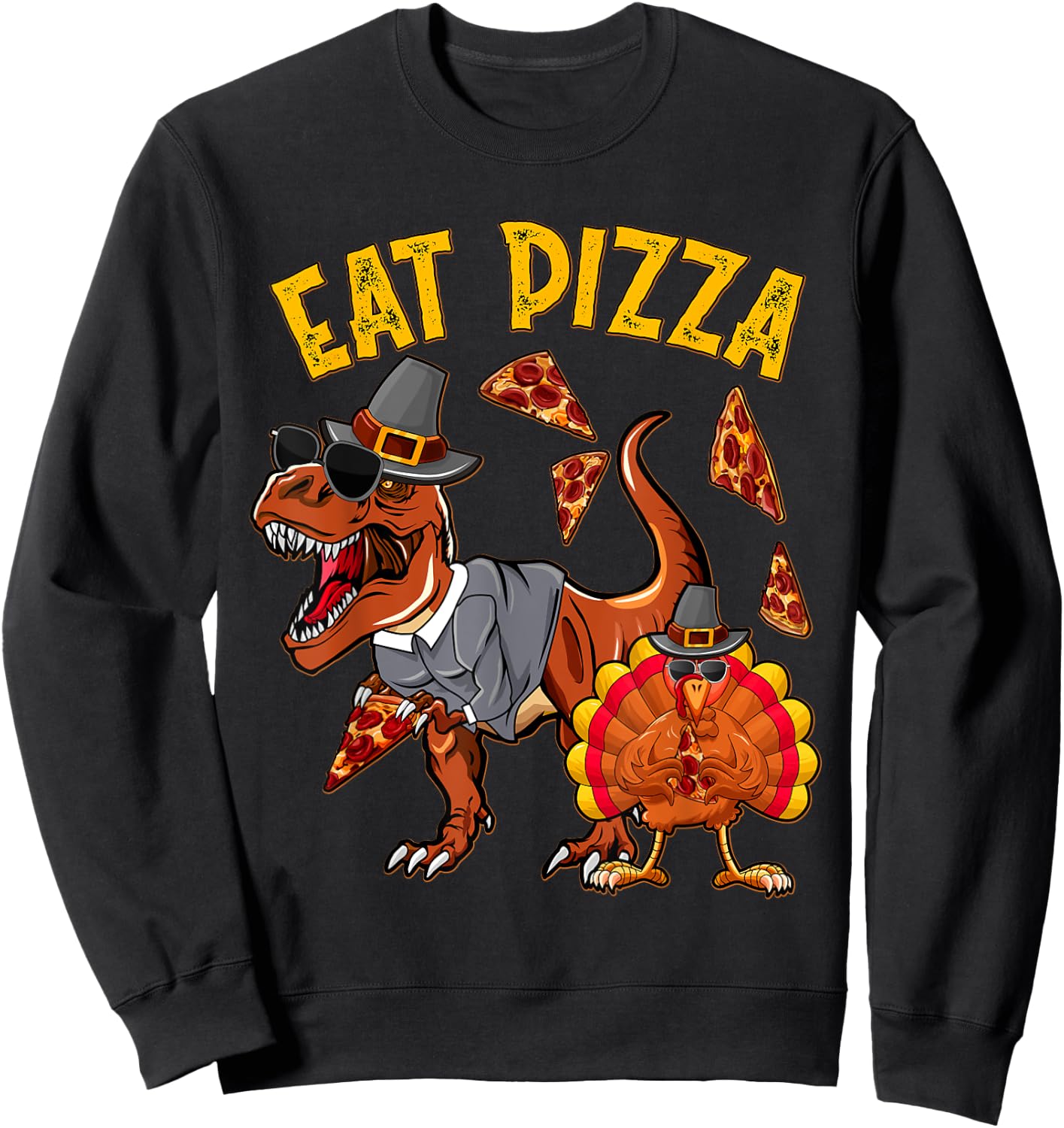 Eat Pizza Funny Turkey T Rex Youth Thanksgiving Boys Toddler Sweatshirt - Sweatshirt | Black