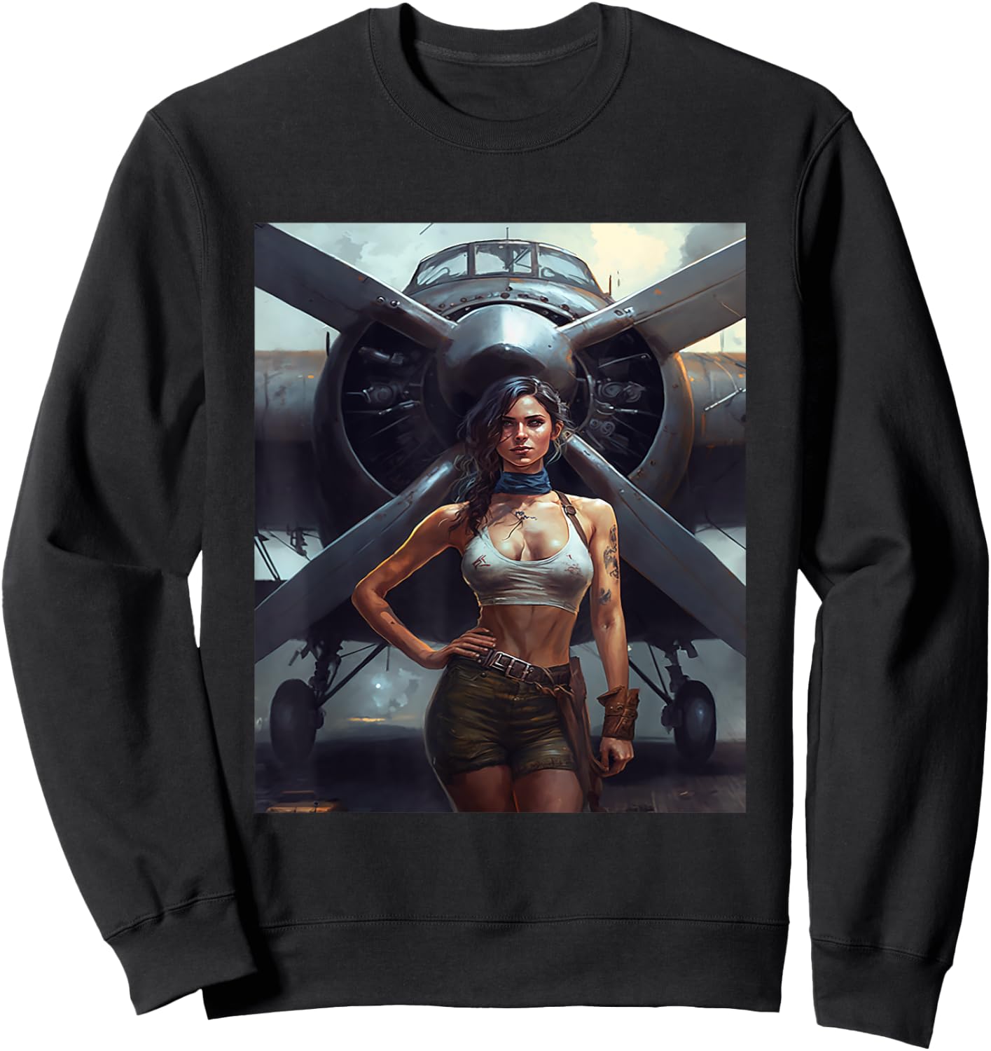 Strong Military Pinup Woman With Tattoos Airplane Retro Art Sweatshirt - Sweatshirt | Black