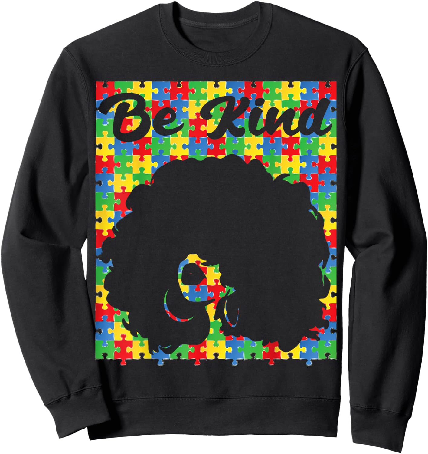 Be Kind Autism Awareness Afro Girl African american puzzle Sweatshirt - Sweatshirt | Black