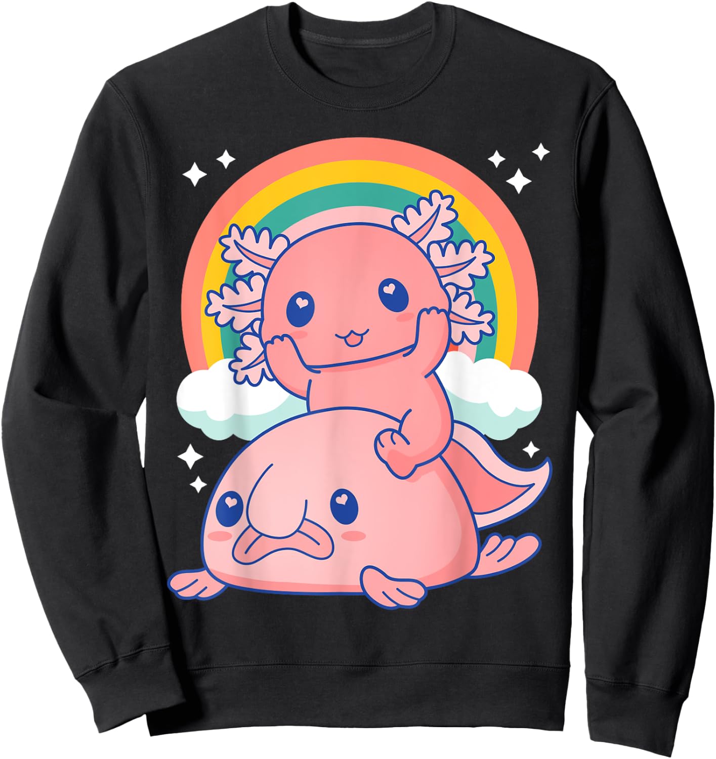 Cute Kawaii Pink Axolotl Riding a Blob Fish Sweatshirt - Sweatshirt | Black