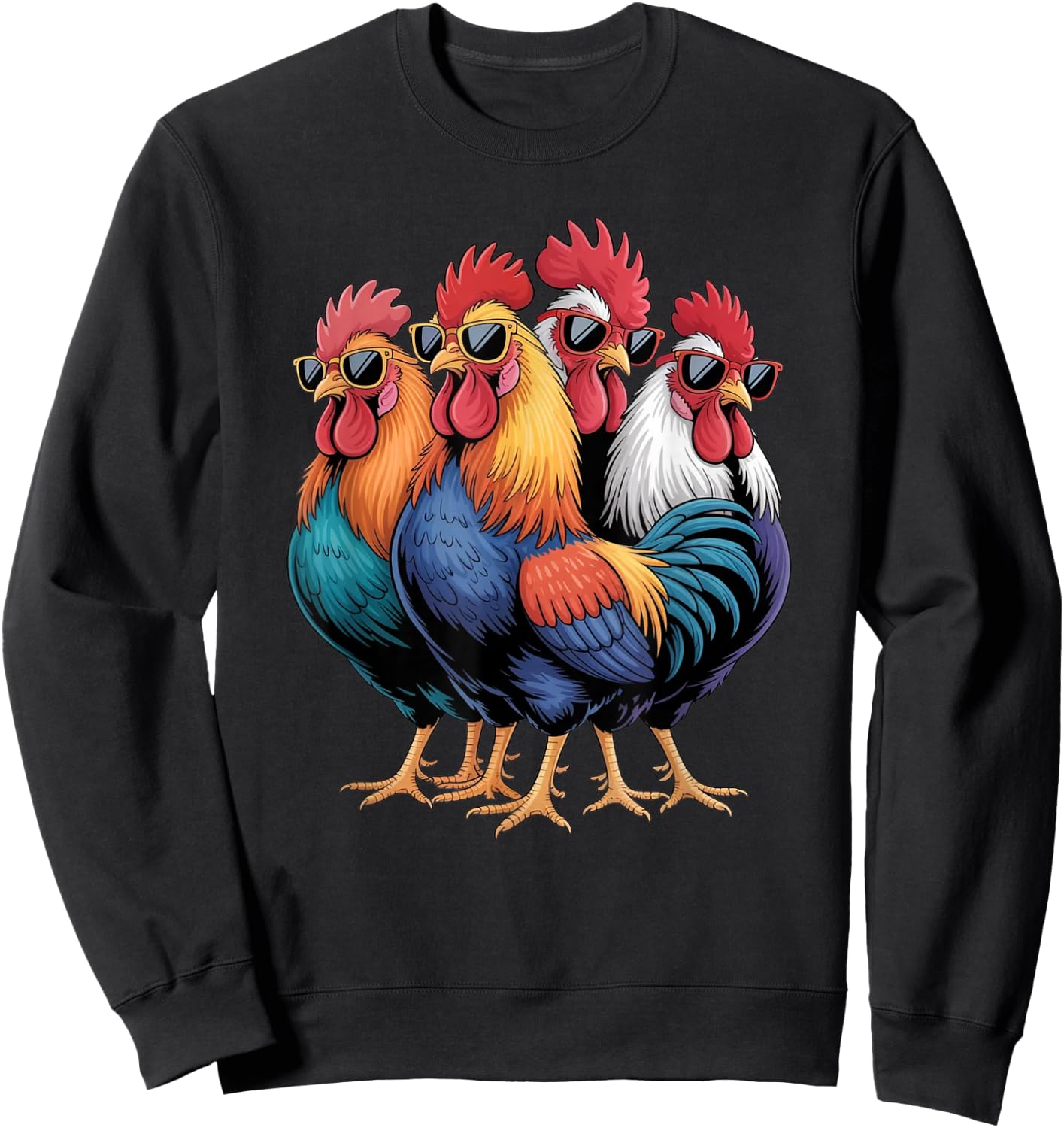 Cool Roosters with Sunglasses Colorful Chicken Farm Humour Sweatshirt - Sweatshirt | Black