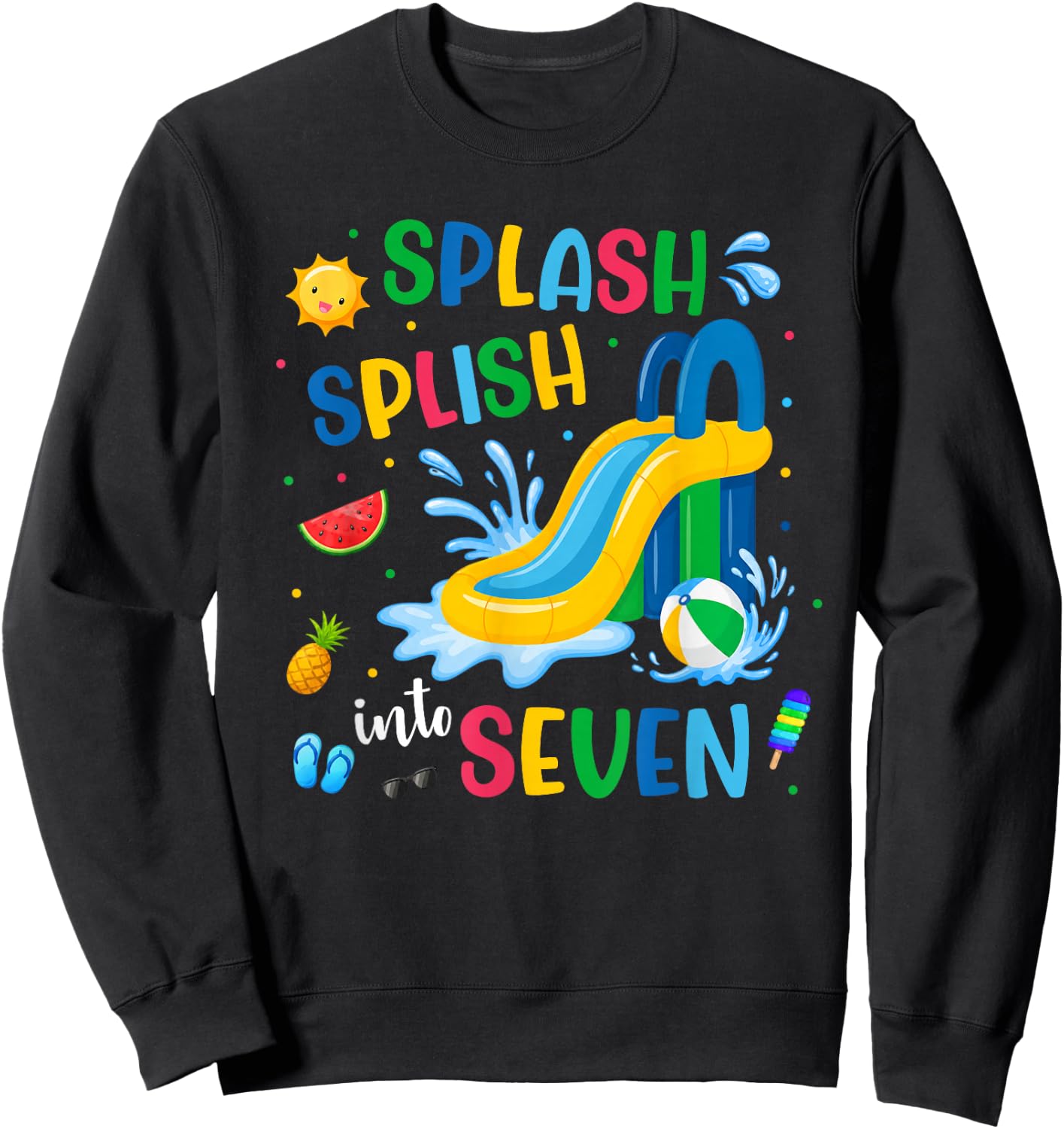 Splash Into Seven Year Old 7th Birthday Summer Pool Party Sweatshirt - Sweatshirt | Black