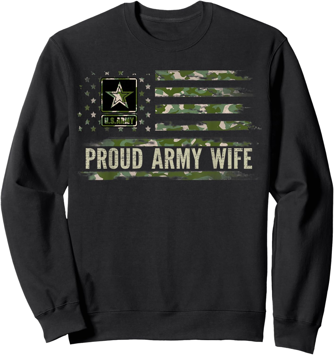 Vintage Proud Army Wife Camo American Flag Veteran Gift Kids Men Sweatshirt - Sweatshirt | Black