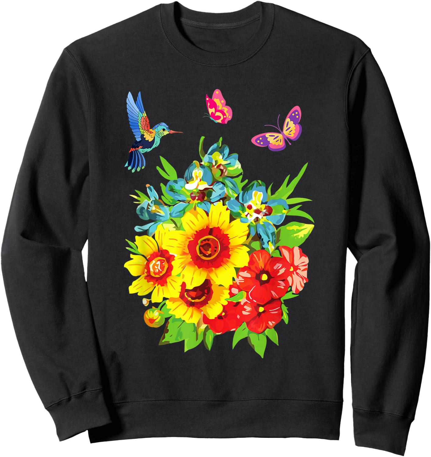 Hummingbird Flower Butterfly Design Sweatshirt - Sweatshirt | Black