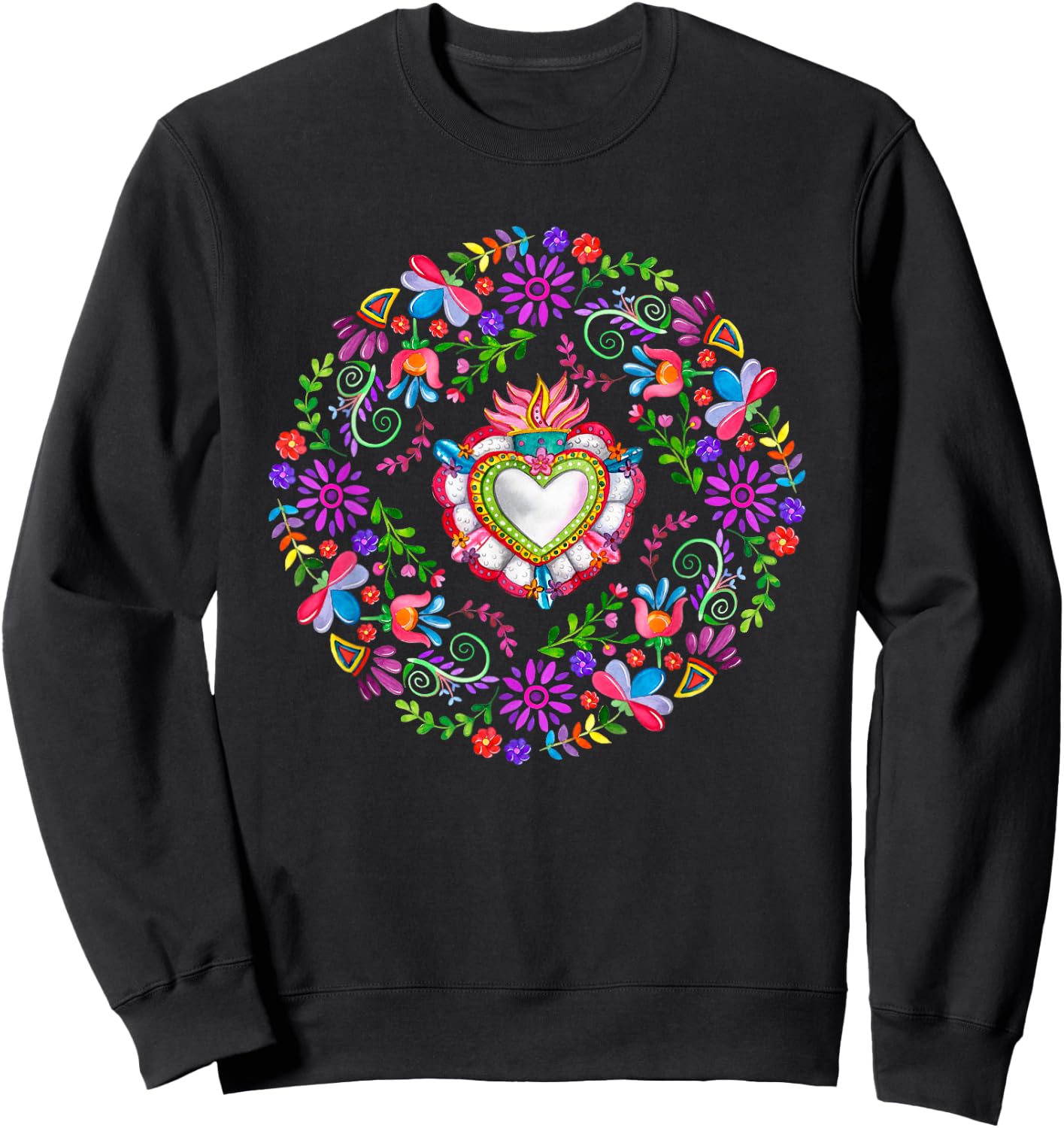 Colourful Floral Embroidery Heart Pattern Mexican Otomi Sweatshirt - Sweatshirt | Black