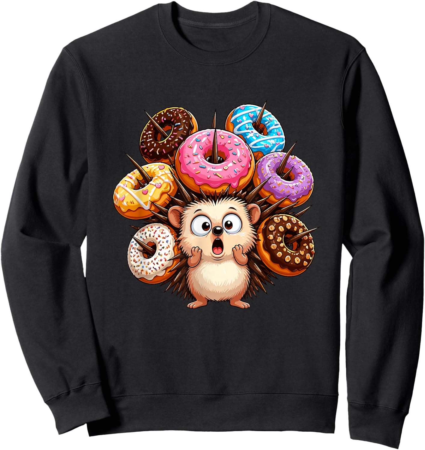 Adorable Hedgehog Surrounded By Colorful Donuts Sweatshirt - Sweatshirt | Black