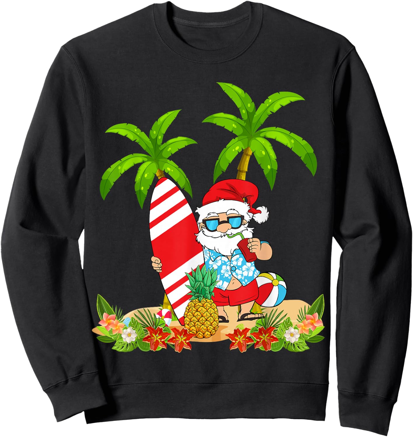 Santa Summer Surfing Christmas In July Beach Vacation Sweatshirt - Sweatshirt | Black