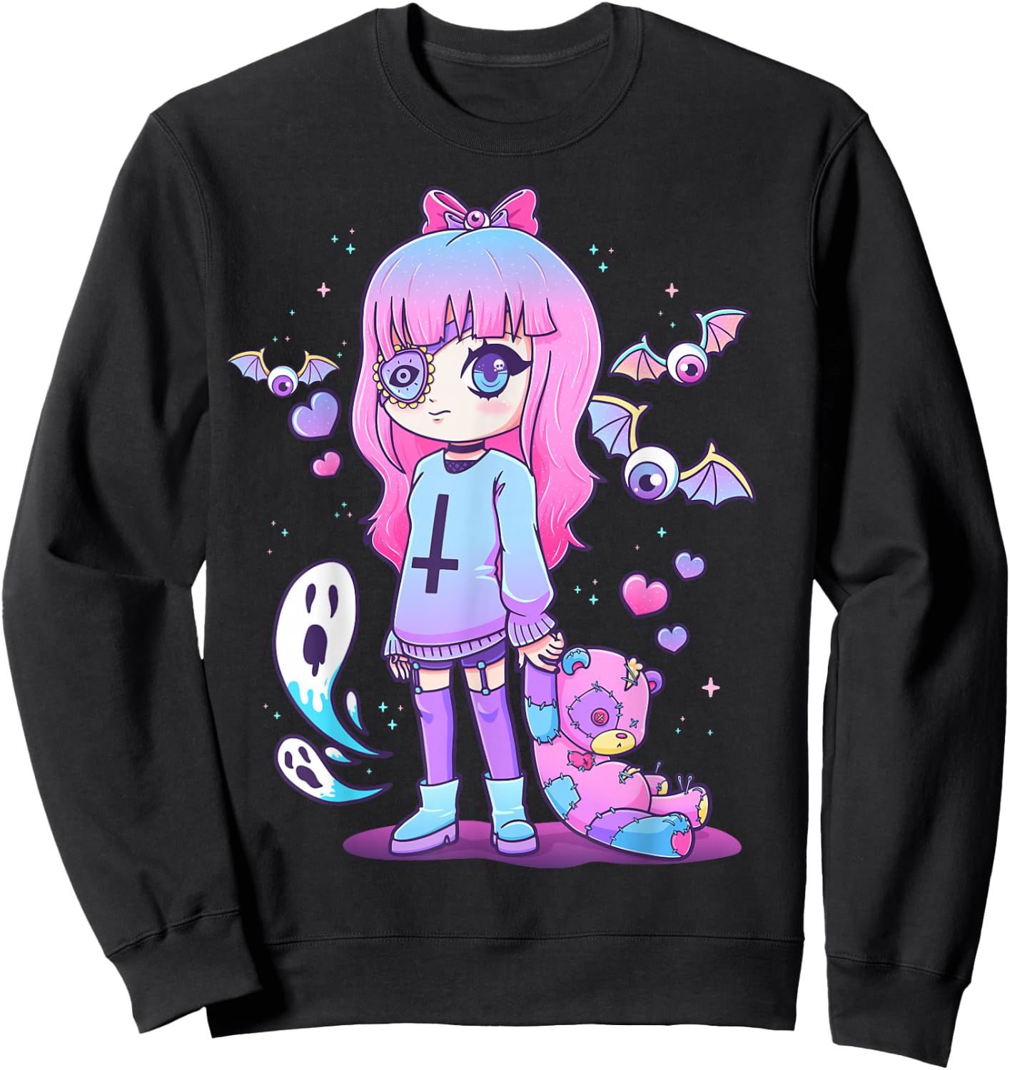 Pastel Goth Creepy Girl Teddy Bear Kawaii Emo Cute Nu Goth Sweatshirt - Sweatshirt | Black
