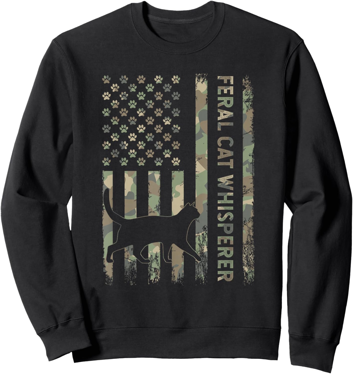 Feral Cat Whisperer Dad Camo USA Flag Sweatshirt - Sweatshirt | Black