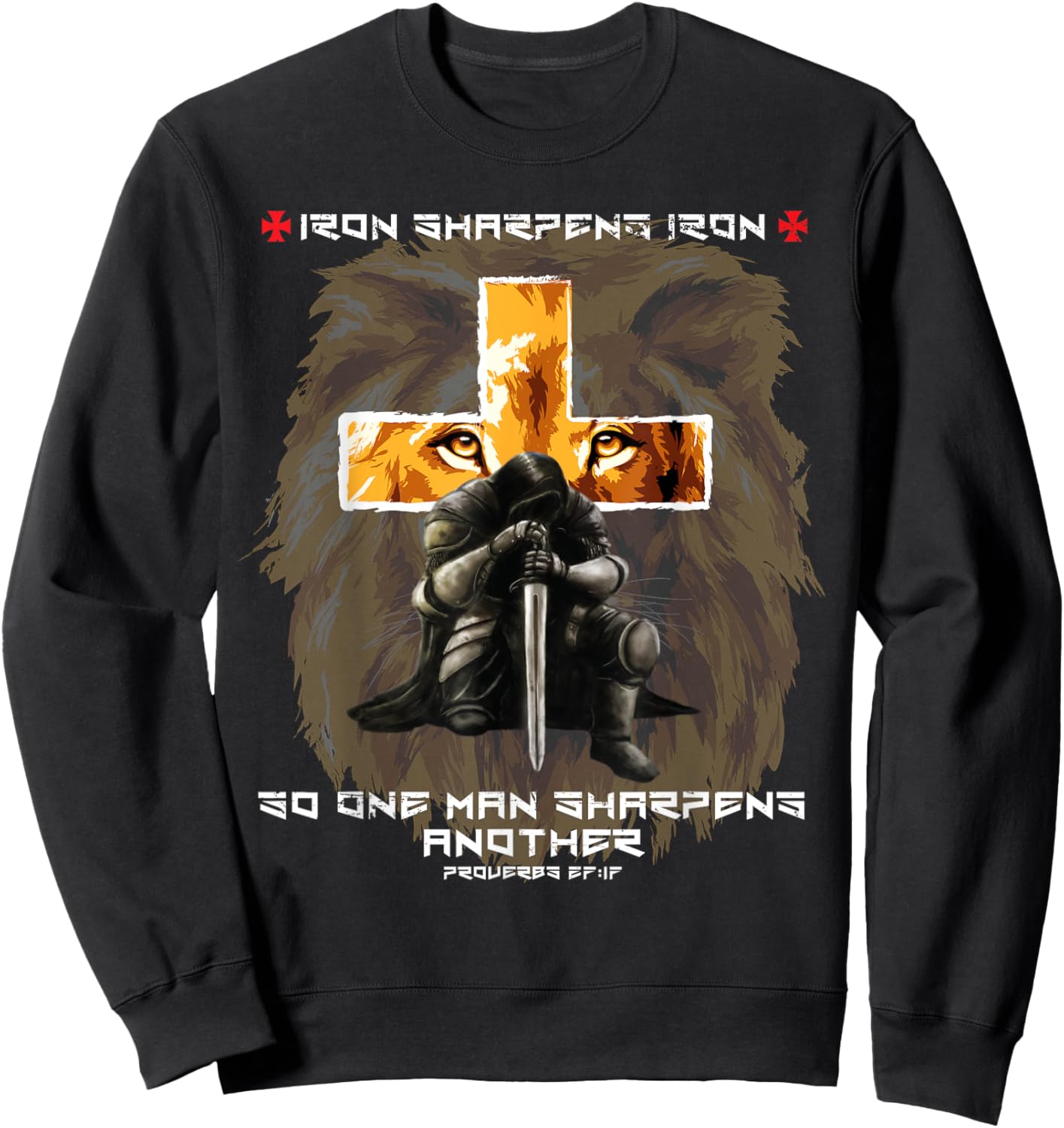 Iron Sharpens Iron Christian Scripture Crosses Lion Graphic Sweatshirt - Sweatshirt | Black