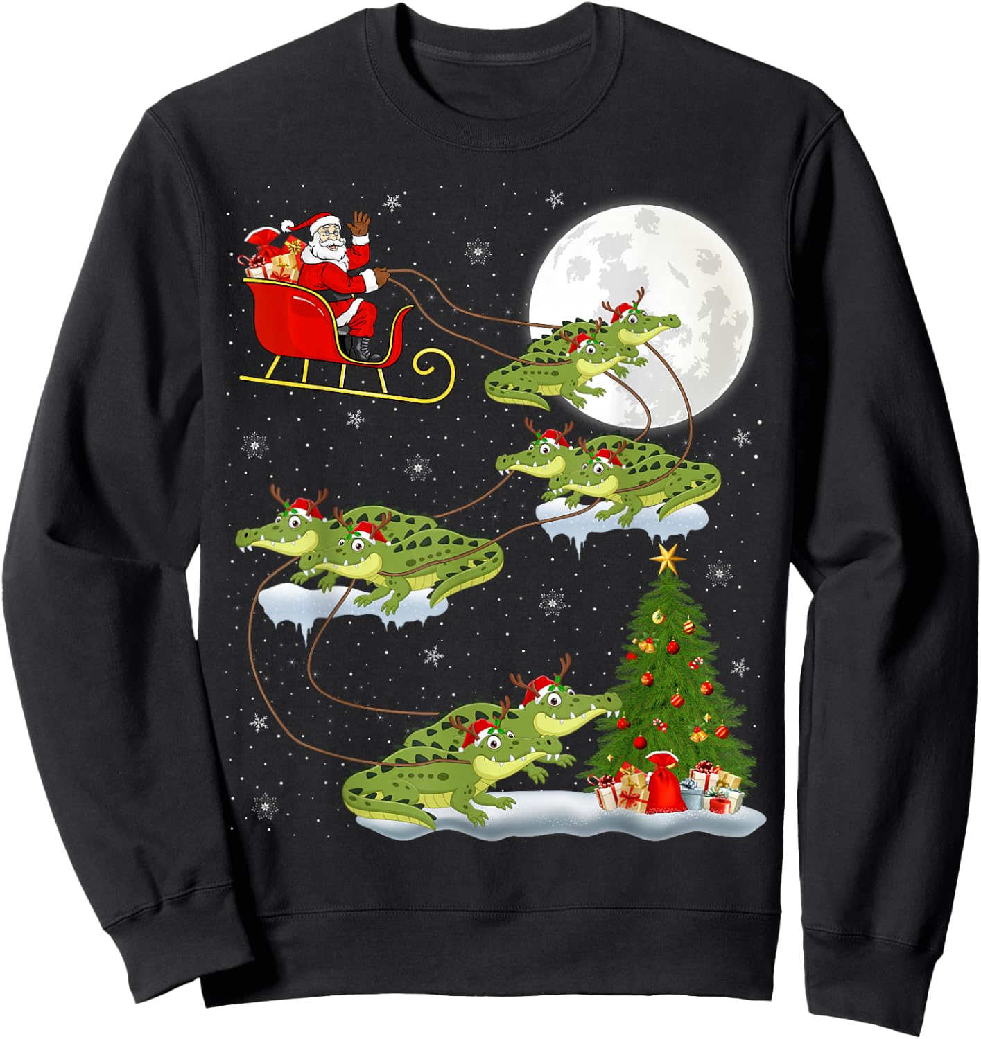 Funny Xmas Lighting Tree Santa Riding Alligator Christmas Sweatshirt - Sweatshirt | Black