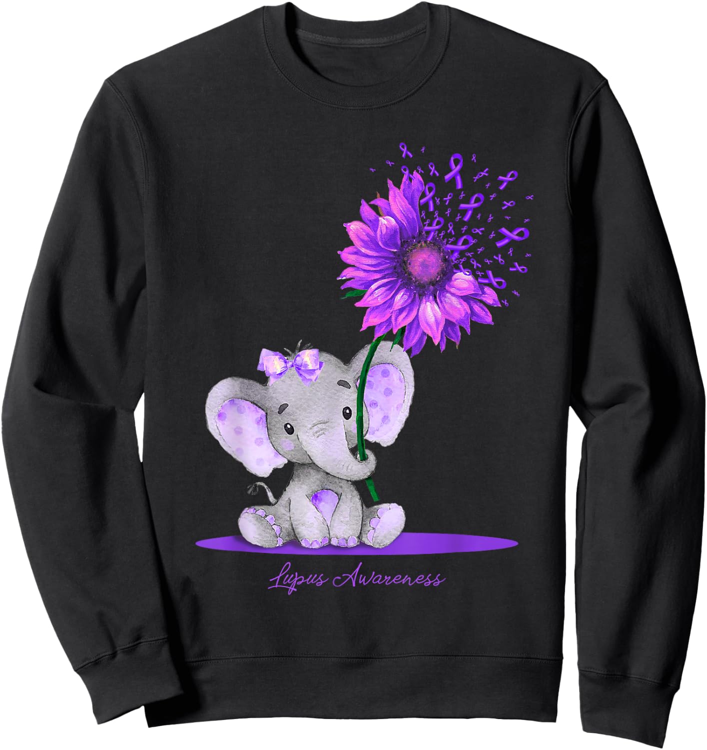 LUPUS AWARENESS Cute Elephant Sunflower Purple Ribbon Gift Sweatshirt - Sweatshirt | Black