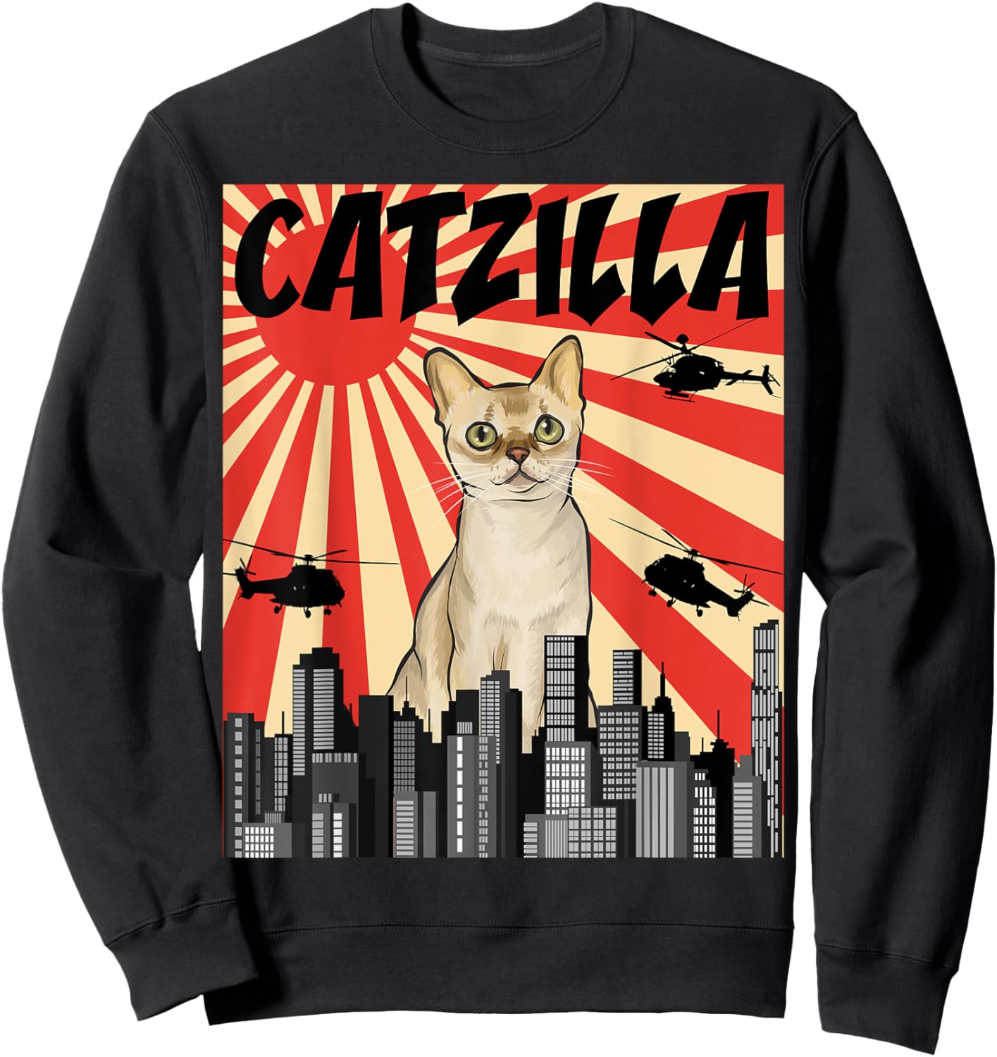 Funny Retro Japanese Catzilla Singapura Cat Men Women Sweatshirt - Sweatshirt | Black