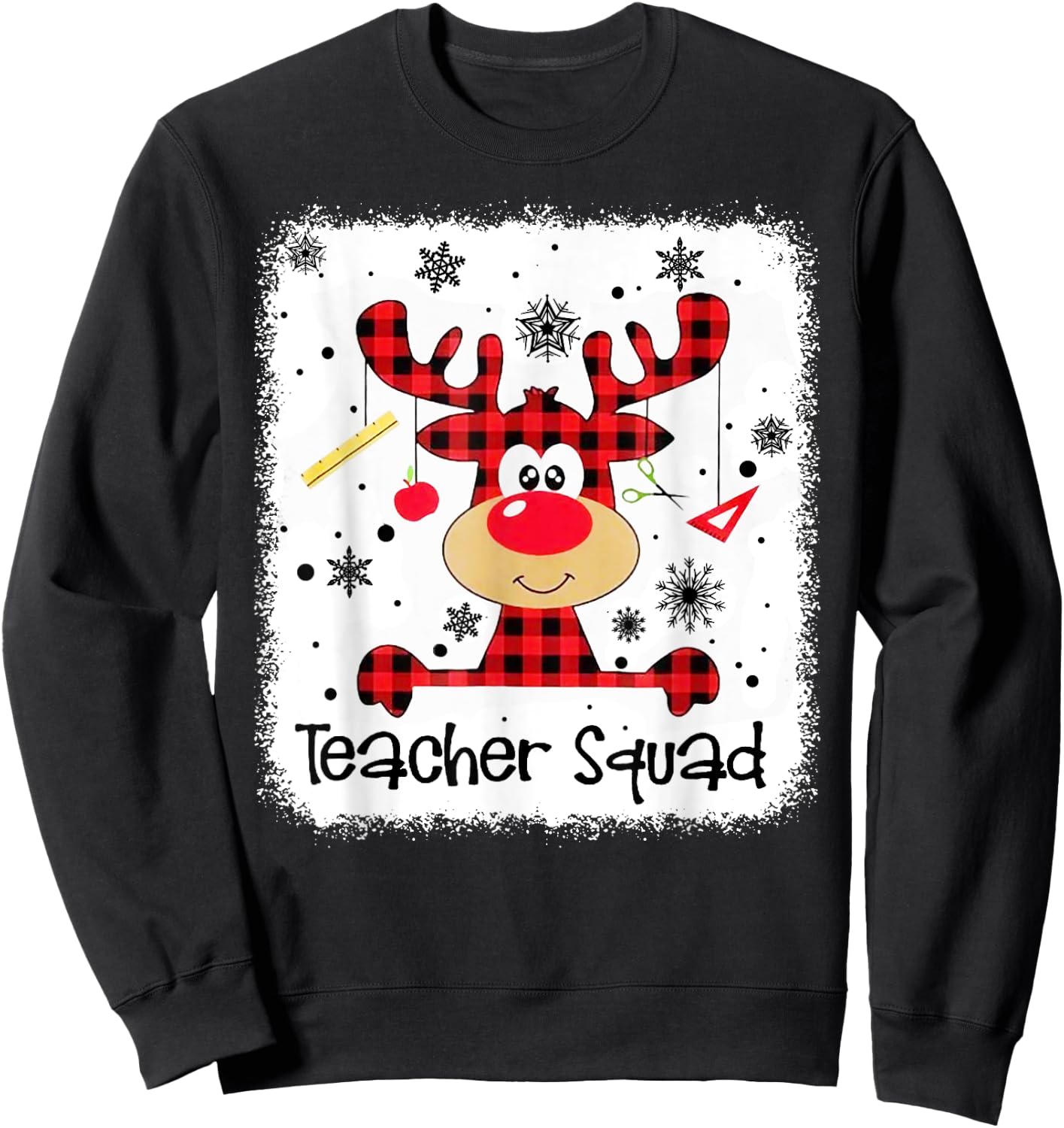 Teacher Squad Cute Red Plaid Reindeer Snow Lover Christmas Sweatshirt - Sweatshirt | Black
