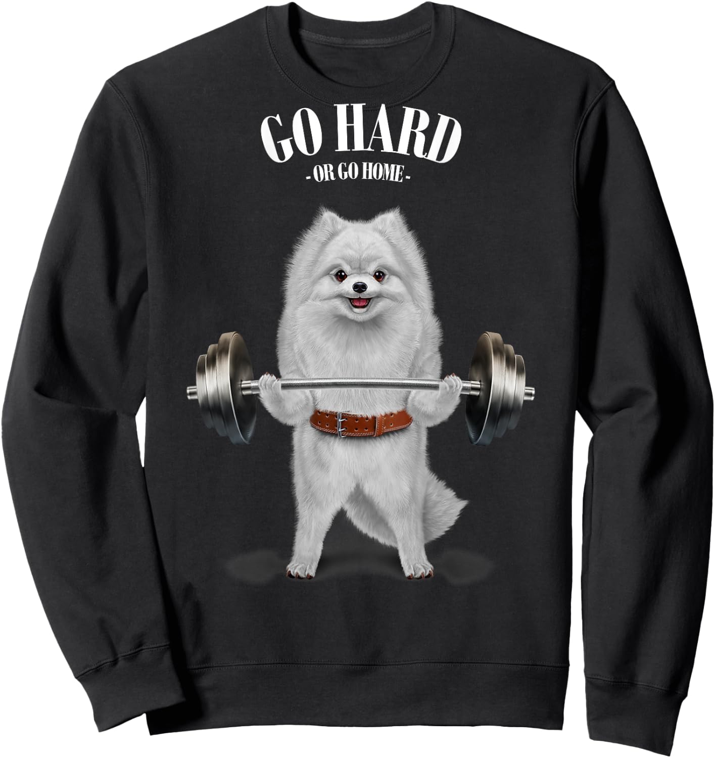 Fox Republic Design -Adults & Kids Black Cotton 100% Short Sleeve Small Classic Fit Modern Cartoon Dog White Pomeranian Dog Weightlifting in Fitness Gym Sweatshirt - Sweatshirt | Black
