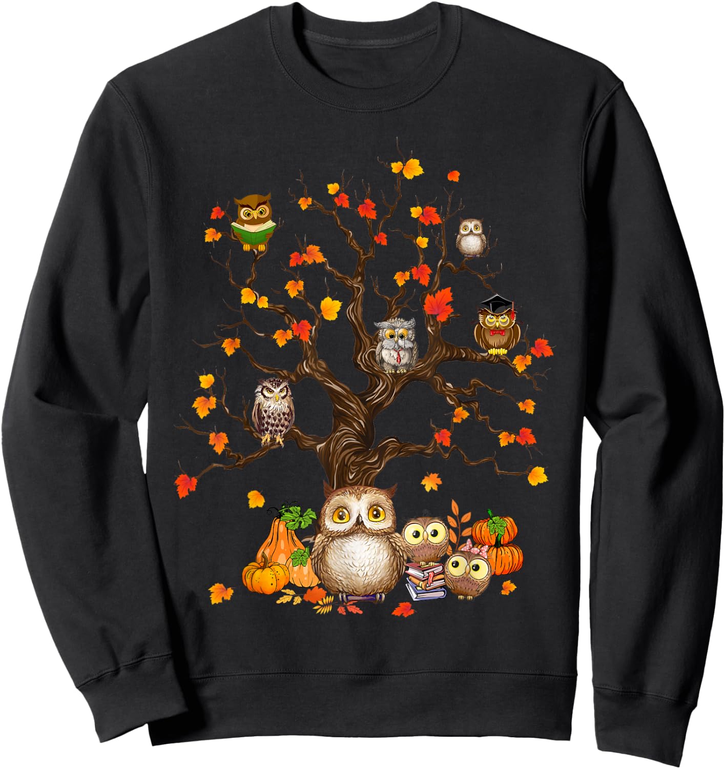Owls Leaves Tree Fall Autumn Pumpkin Halloween Owl Lover Kid Sweatshirt - Sweatshirt | Black