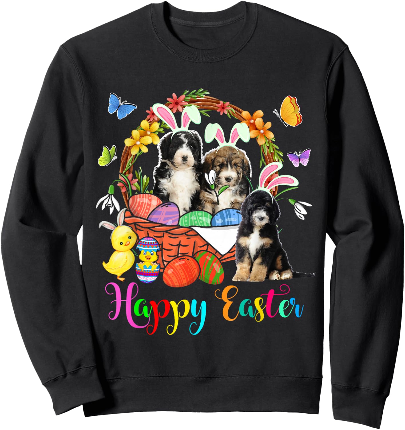 Three Bunny Bernedoodle Dogs In Easter Eggs Basket Sweatshirt - Sweatshirt | Black