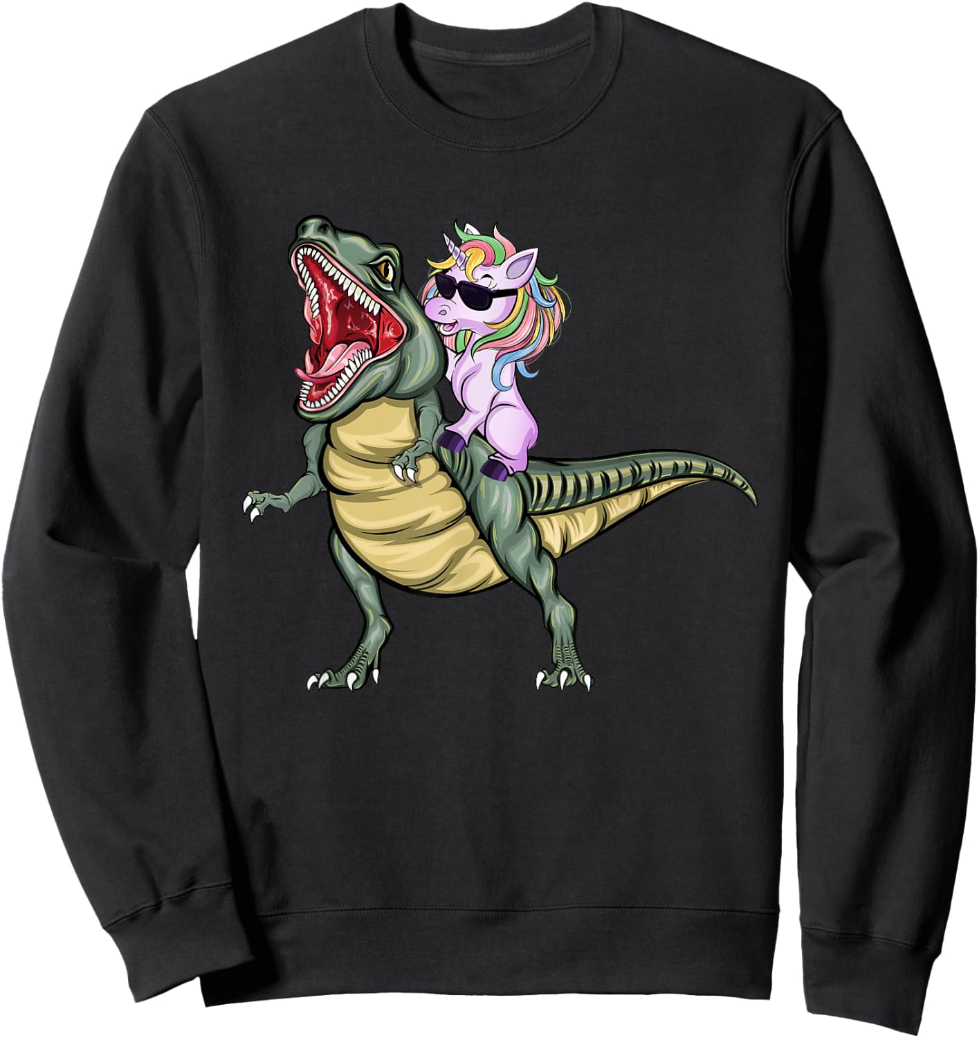 Unicorn Riding Dinosaur T Rex Halloween Kids Girls Boys Sweatshirt - Sweatshirt | Black