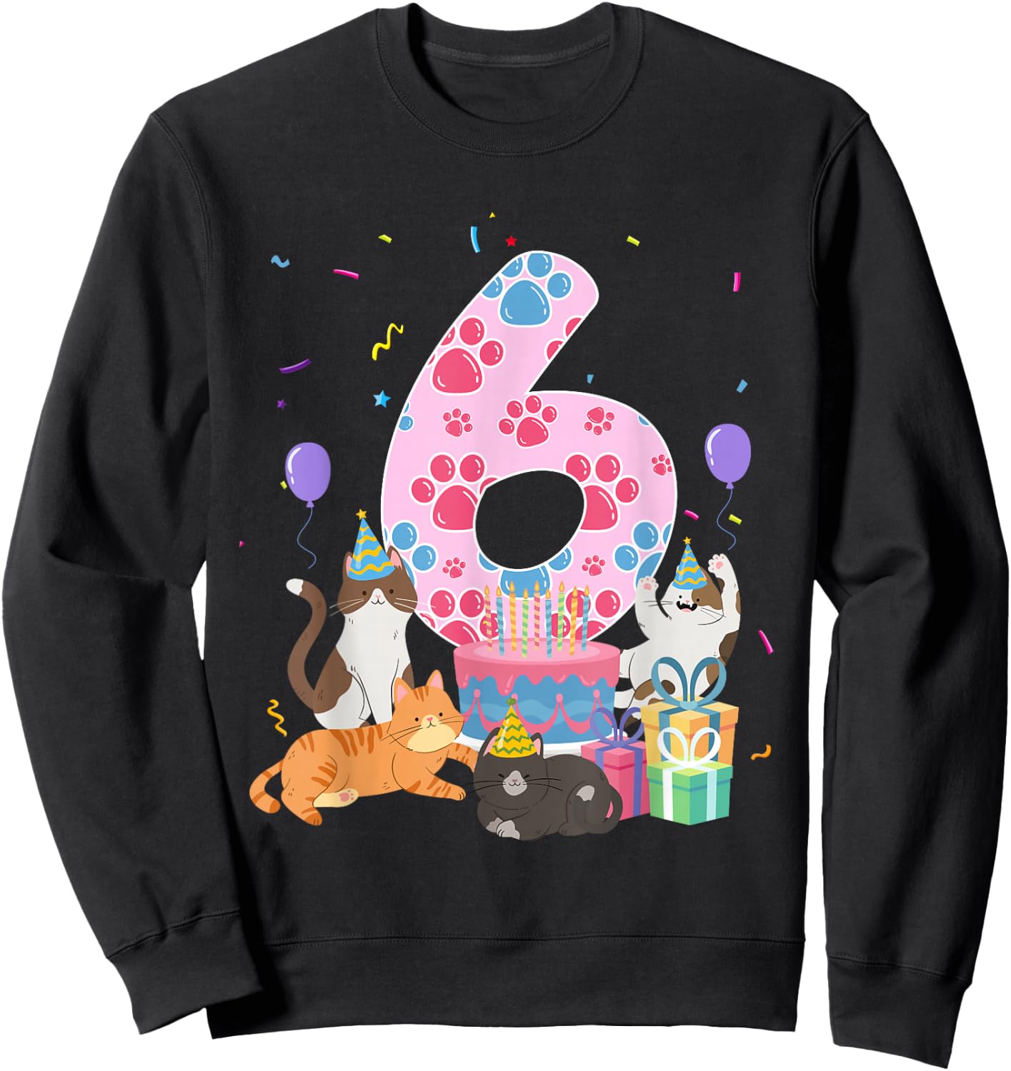 6th Birthday Cat 6 Year Old Birthday Cat Lover Party Sweatshirt - Sweatshirt | Black