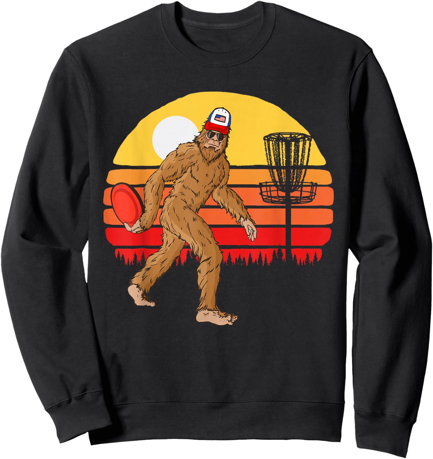 Retro Disc Golf Bigfoot Vintage Discus Sasquatch 80s Sunset Sweatshirt - Sweatshirt | Black