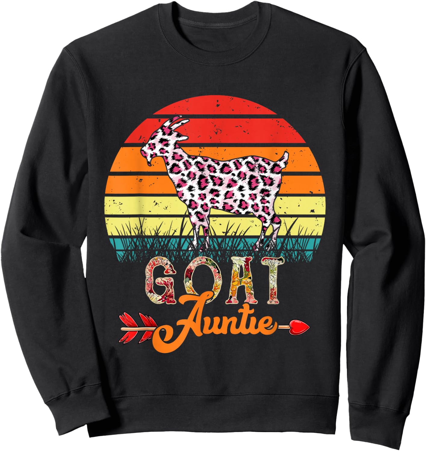 Vintage Retro Goat Auntie Flowers Leopard Goat Mother's Day Sweatshirt - Sweatshirt | Black