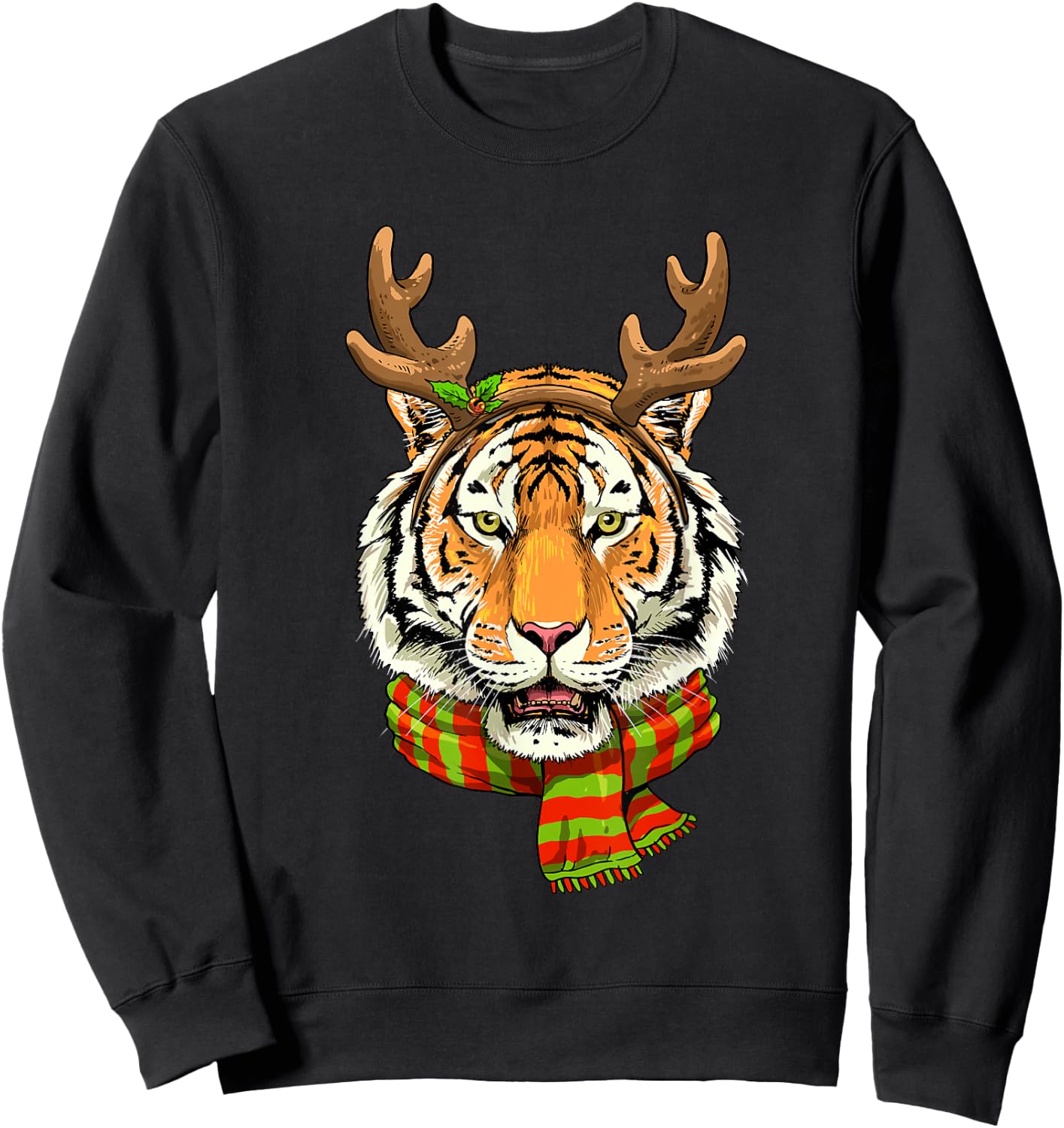 Tiger Reindeer Christmas Shirt Animal With Antlers Xmas Sweatshirt - Sweatshirt | Black