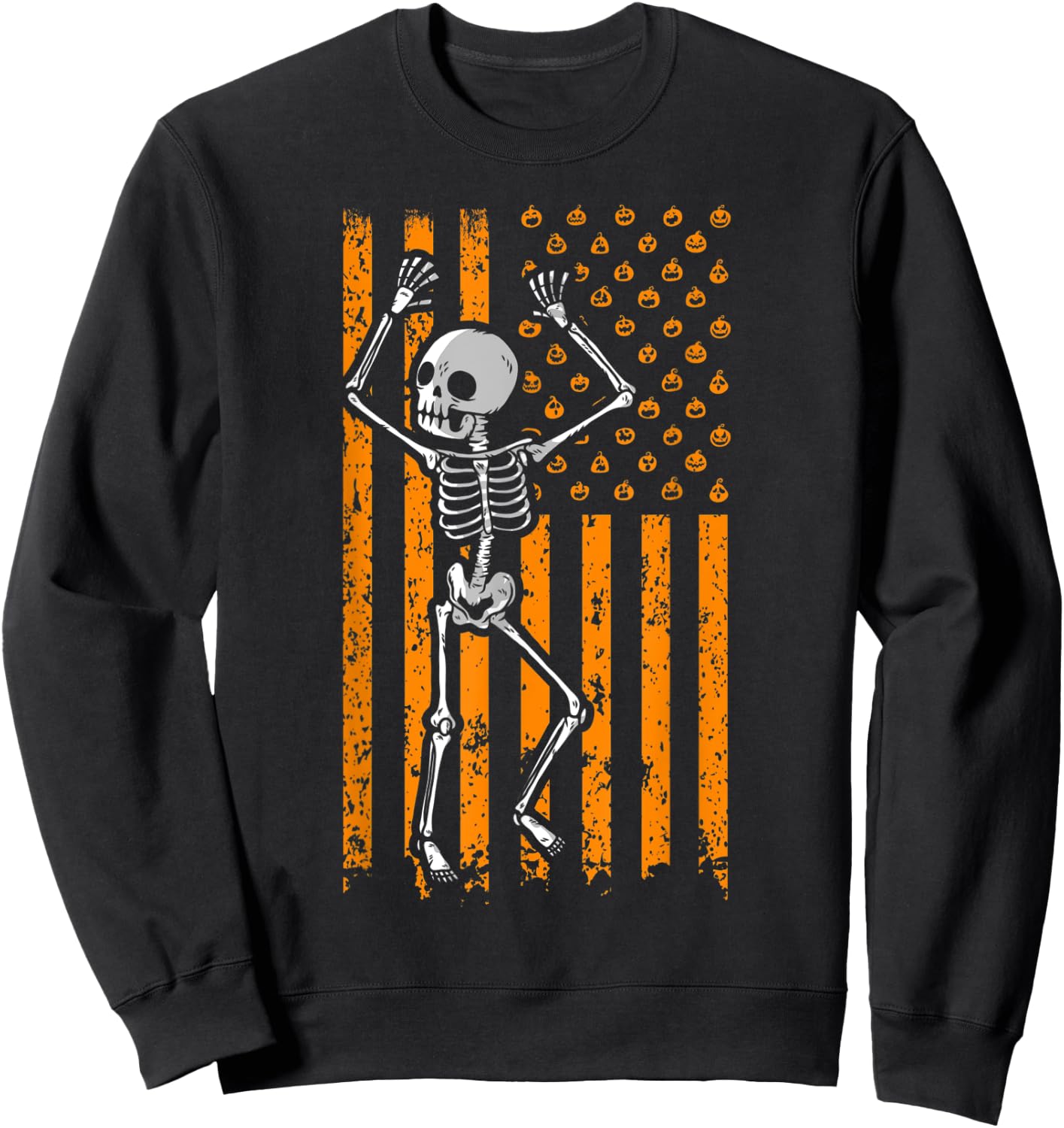 Scary Skeleton Skull Pumpkin American Flag Halloween Kids Men Sweatshirt - Sweatshirt | Black