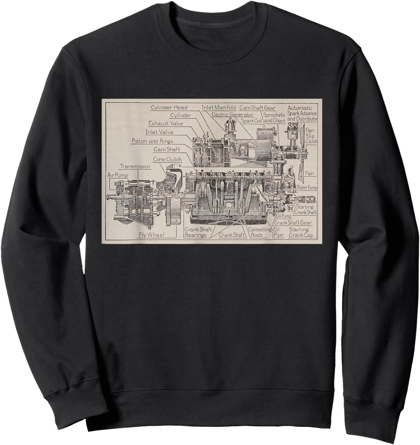 Early Automobile Engine & Transmission Diagram Sweatshirt - Sweatshirt | Black