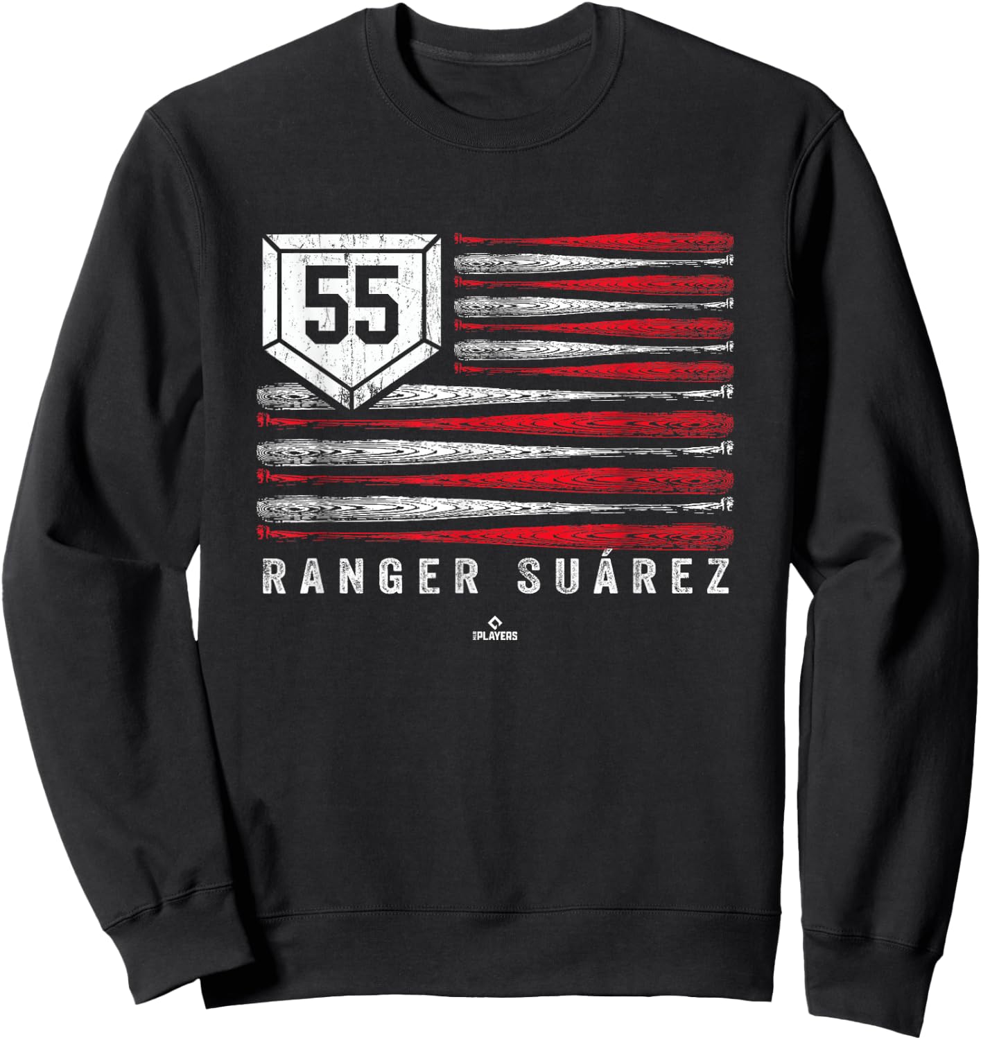 Vintage US Flag Baseball Stripes Ranger Suarez MLBPA Sweatshirt - Sweatshirt | Black