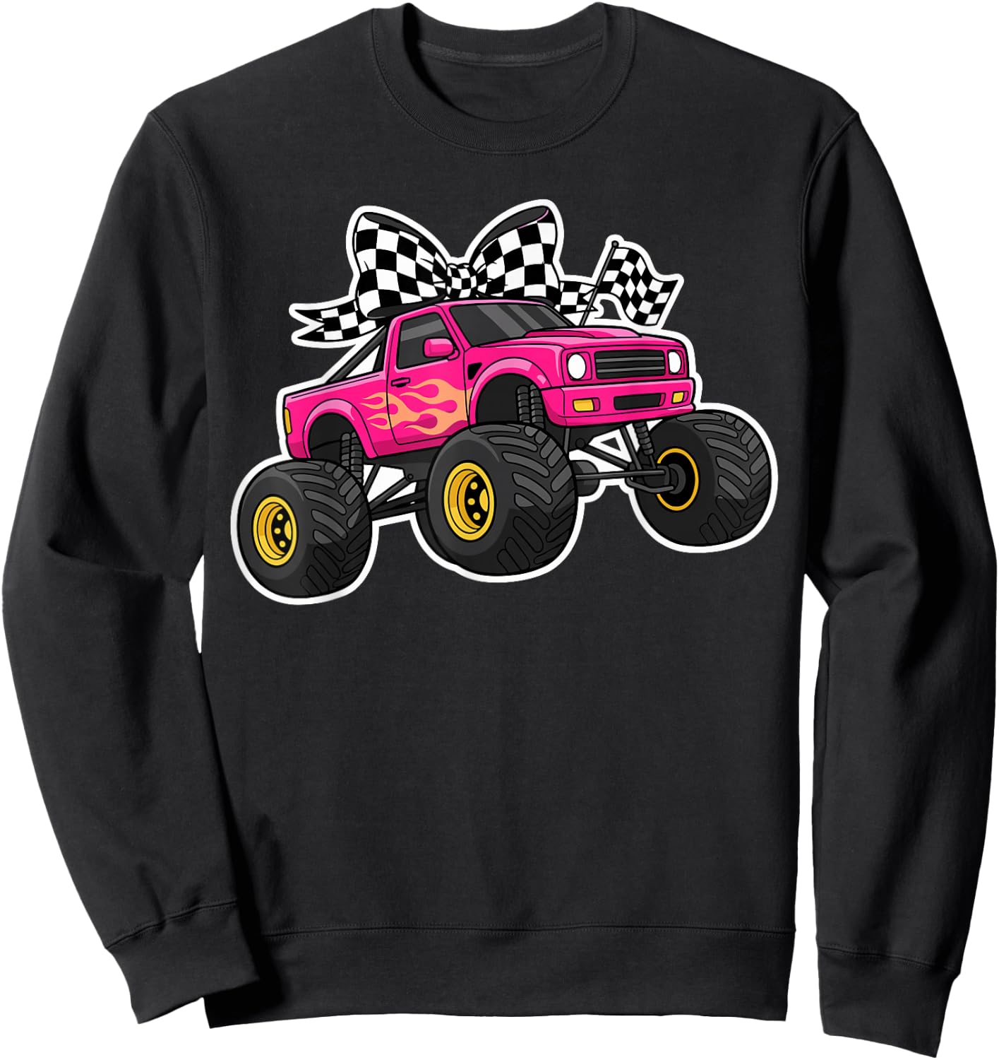 Pink Monster Truck Bow Shirt Women, Cute Girls Truck Lover Sweatshirt - Sweatshirt | Black