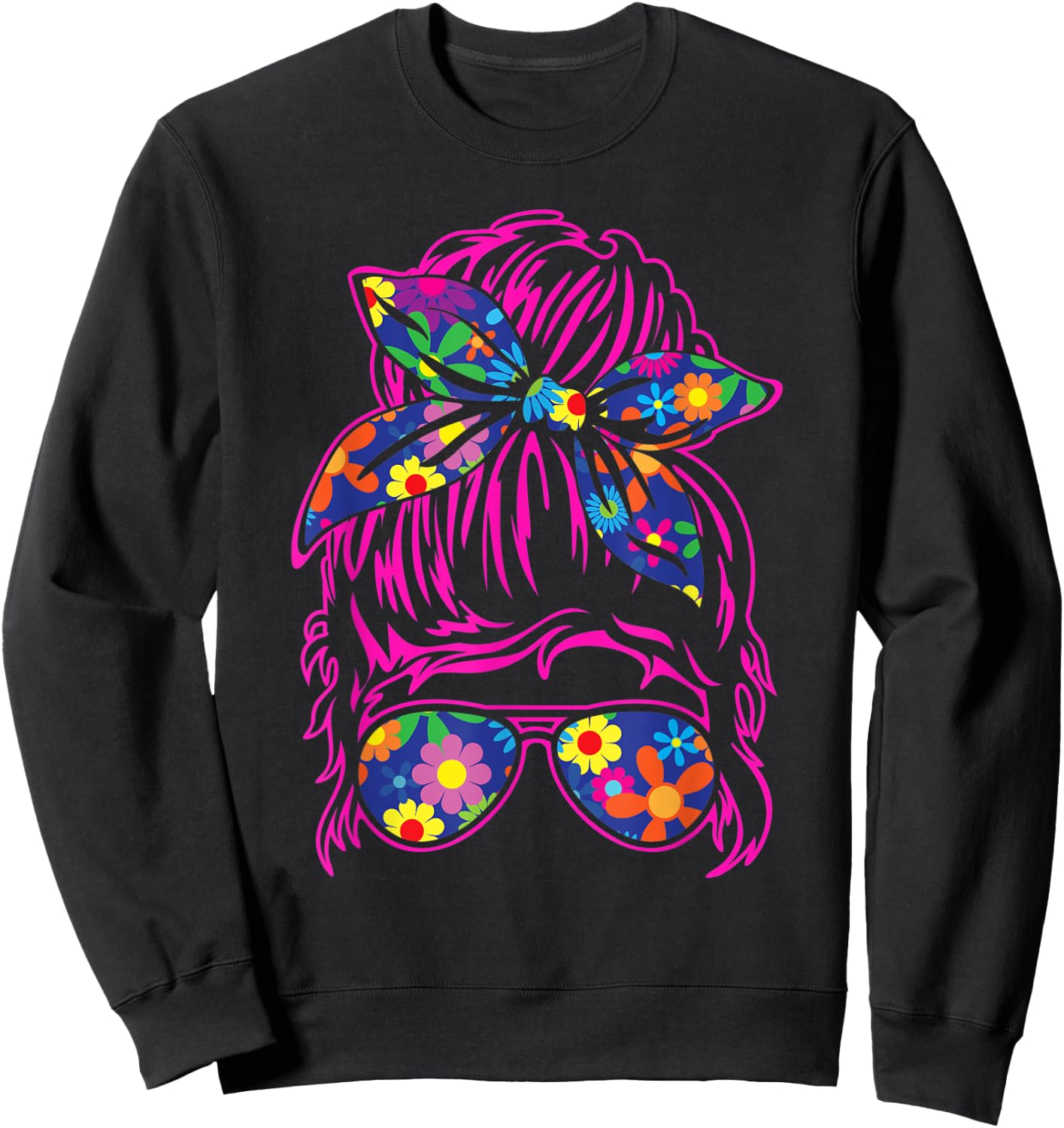 Messy Hair Bun with Bandana Ribbon and Sunglasses Design Sweatshirt - Sweatshirt | Black