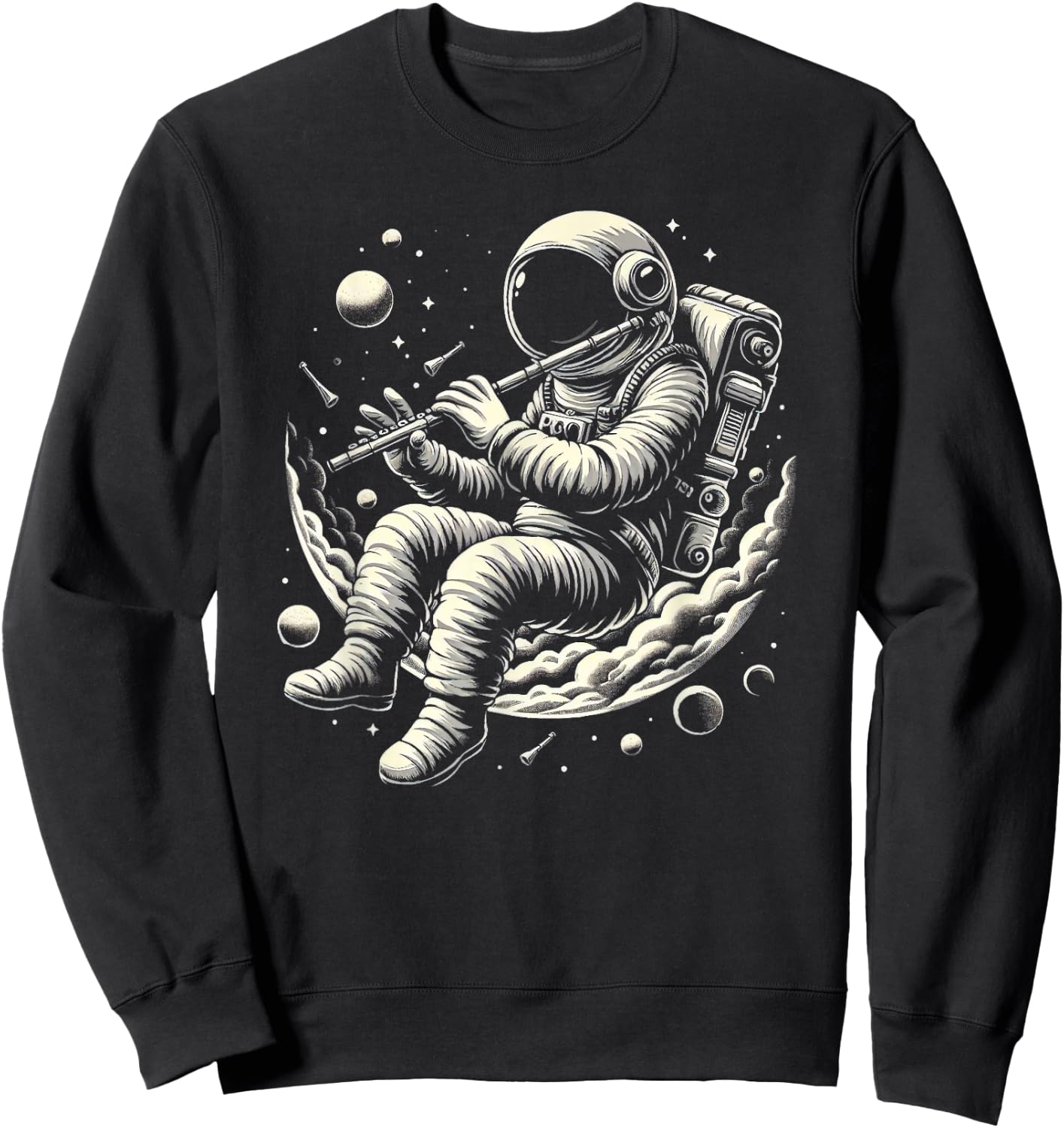 Astronaut Playing Flute Musician Music Lover Flute Player Sweatshirt - Sweatshirt | Black
