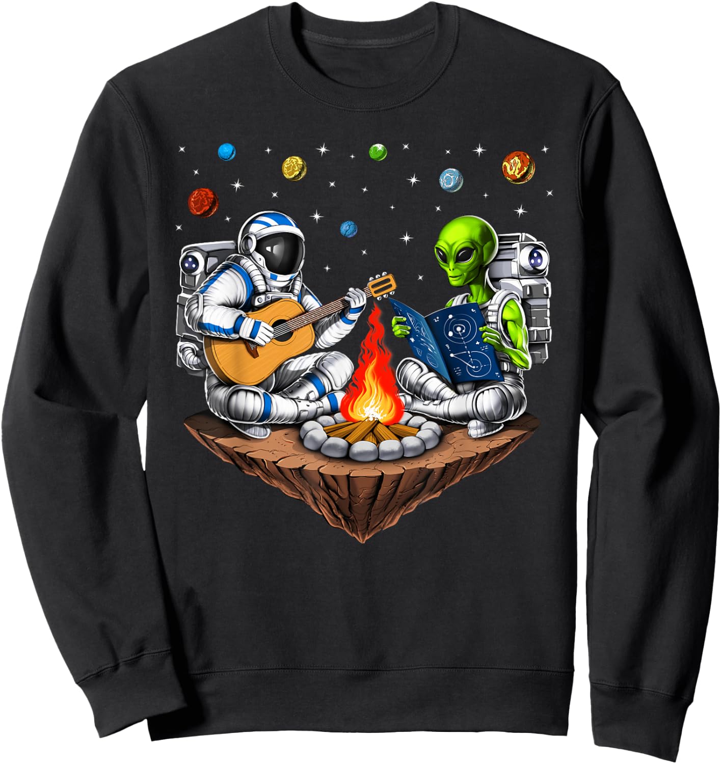 Space Alien Astronaut Camping Campfire Extraterrestrial Sweatshirt - Sweatshirt | Black