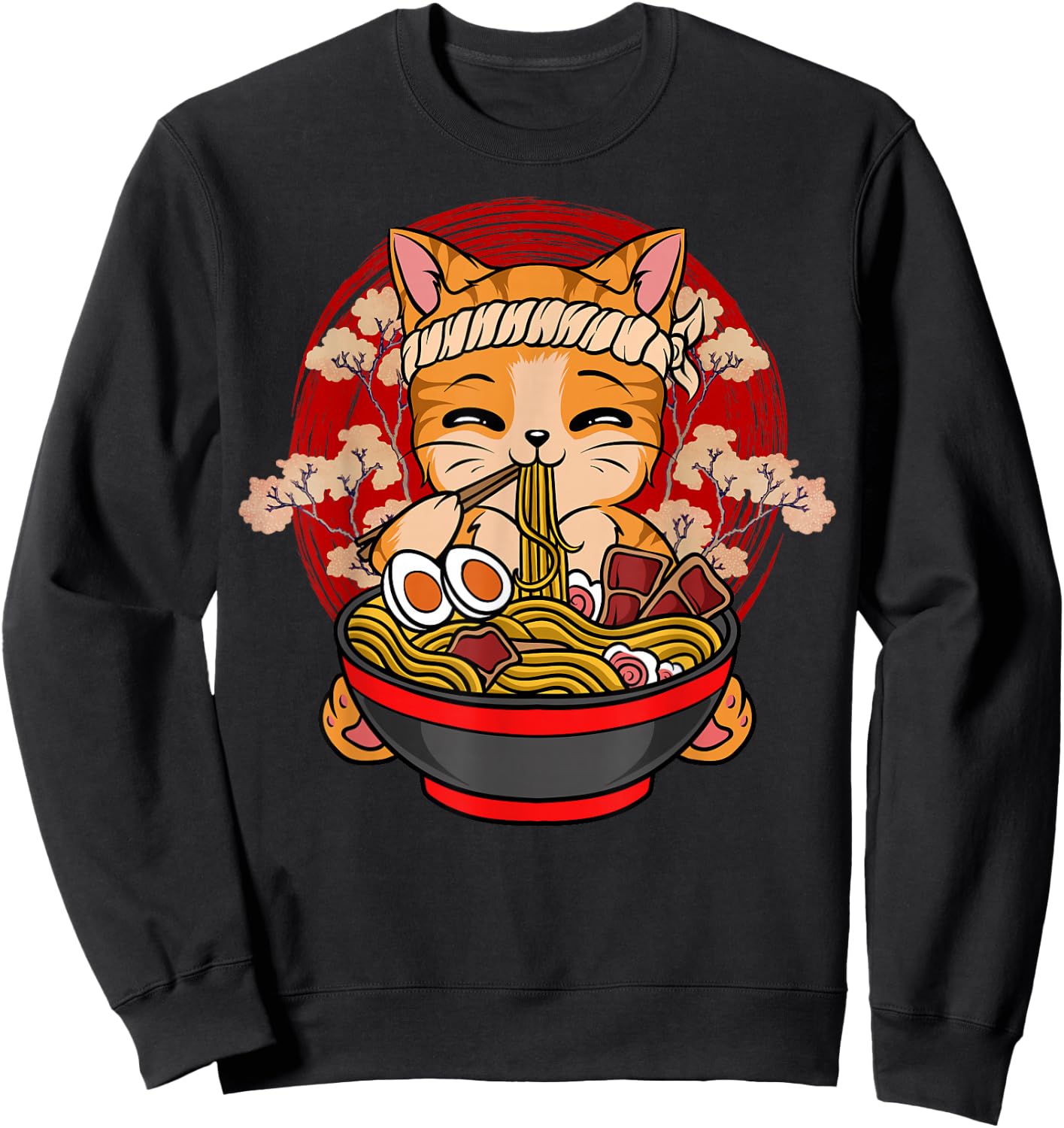 Kawaii Anime Cat Eating Ramen Japanese Noodles Funny Anime Sweatshirt - Sweatshirt | Black