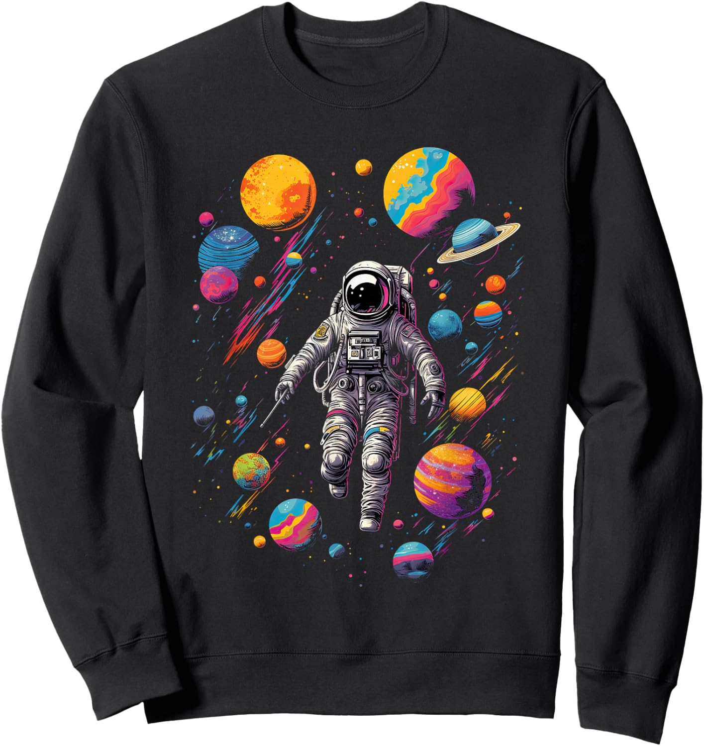 Astronaut in Space with Planets in Galaxies Sweatshirt - Sweatshirt | Black