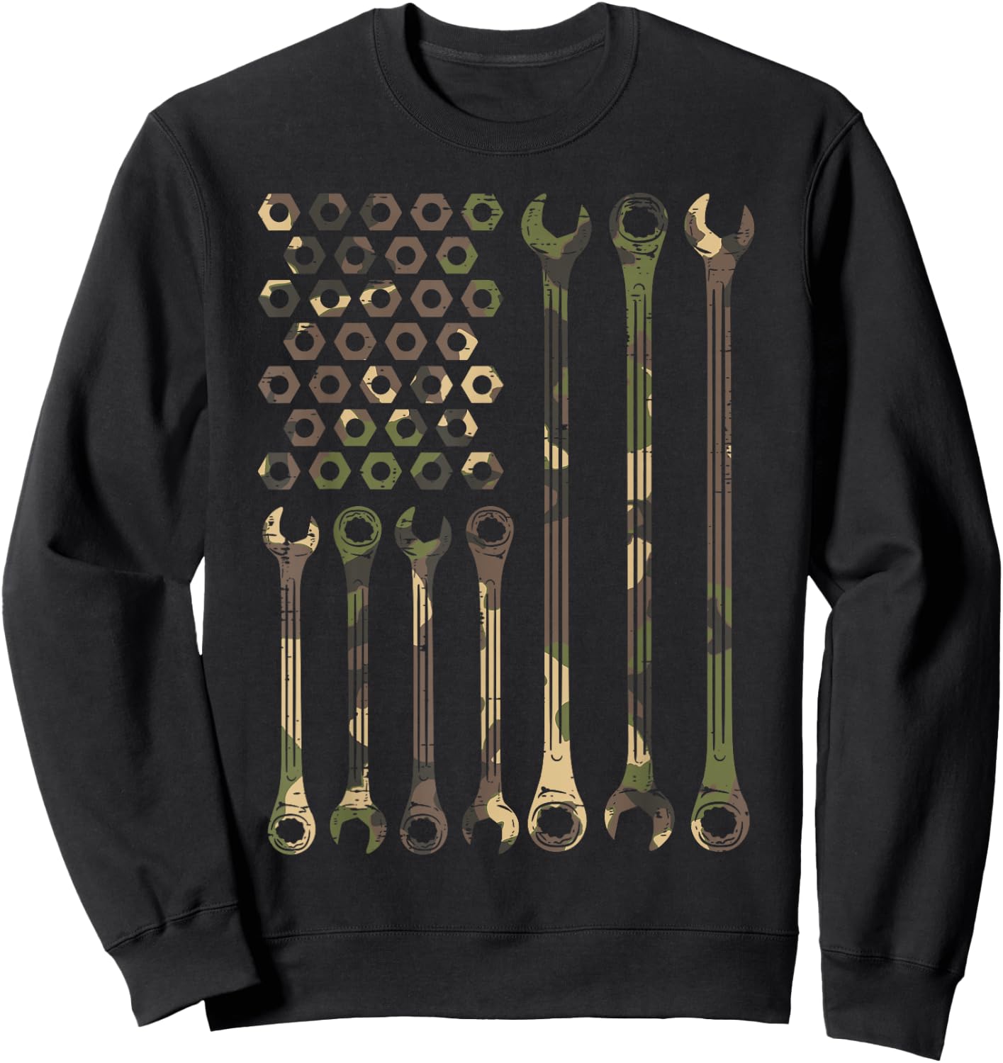 Camo Flag Wrench Vintage Fathers Day Patriotic Mechanic Men Sweatshirt - Sweatshirt | Black